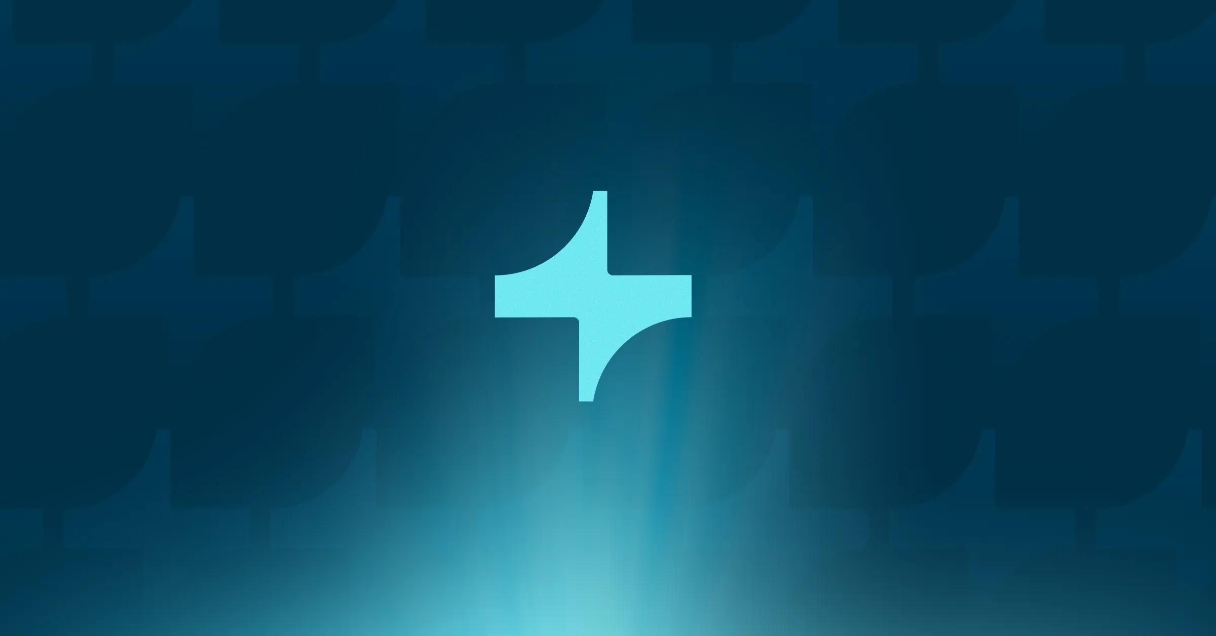 A light blue plus sign with a light beam below it on a dark blue patterned background.