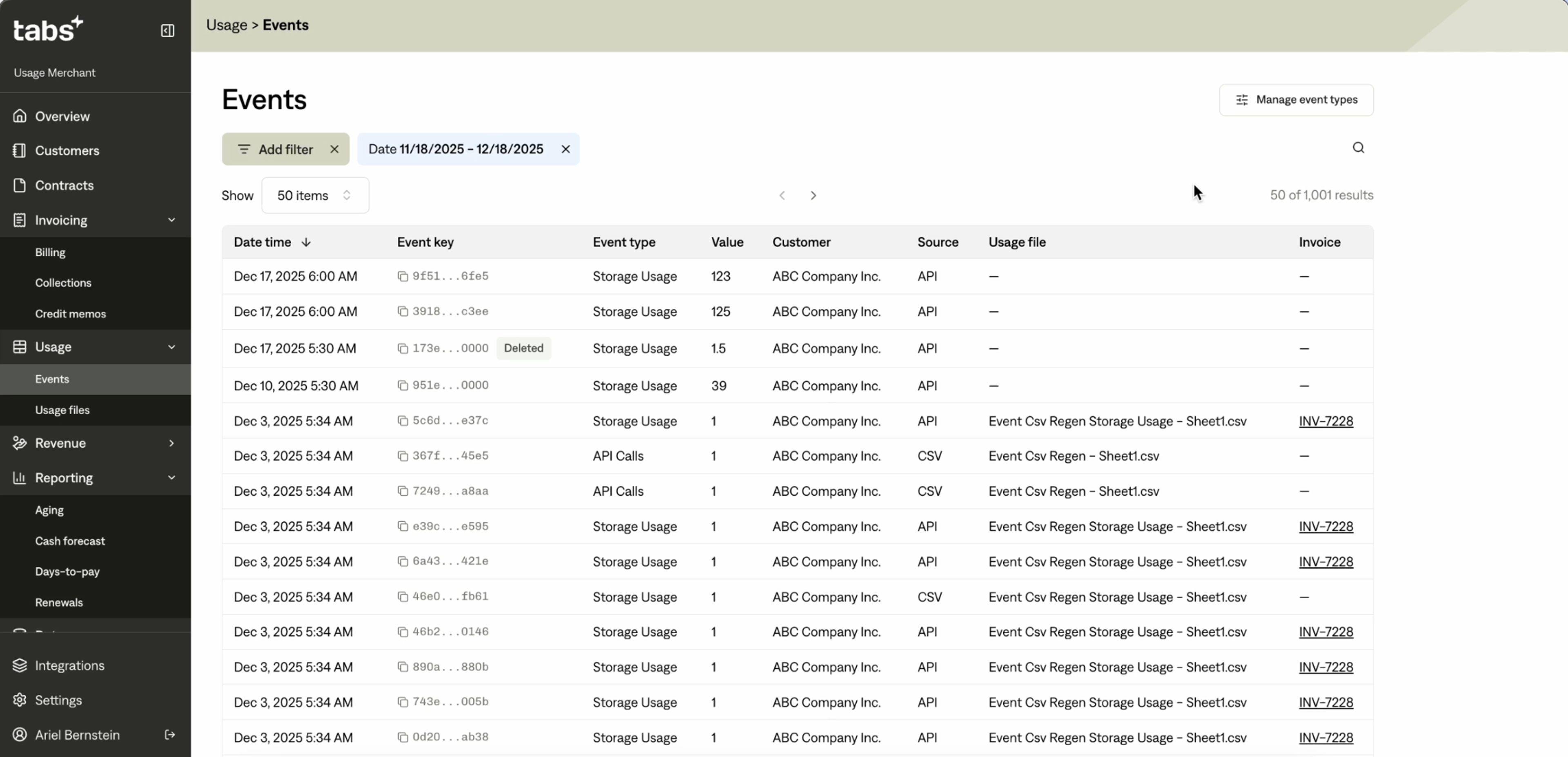 A web application's "Events" dashboard displaying a table of usage events like storage and API calls, with navigation and filters visible.