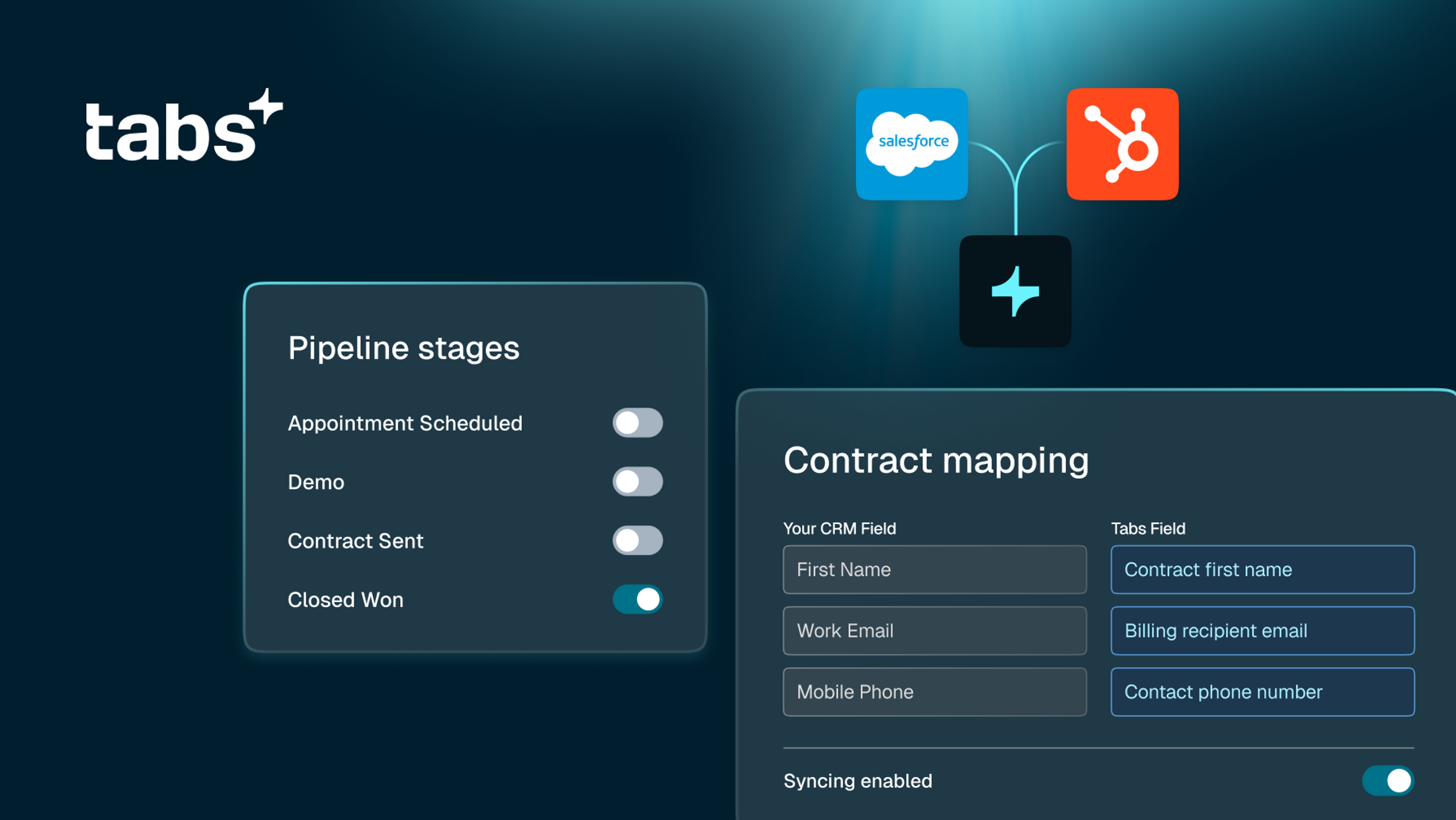 Software interface showing Tabs+ integrating with Salesforce and HubSpot for pipeline management and CRM data mapping.