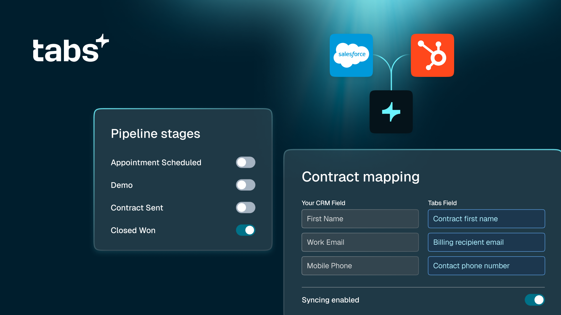 Software interface showing Tabs+ integrating with Salesforce and HubSpot for pipeline management and CRM data mapping.