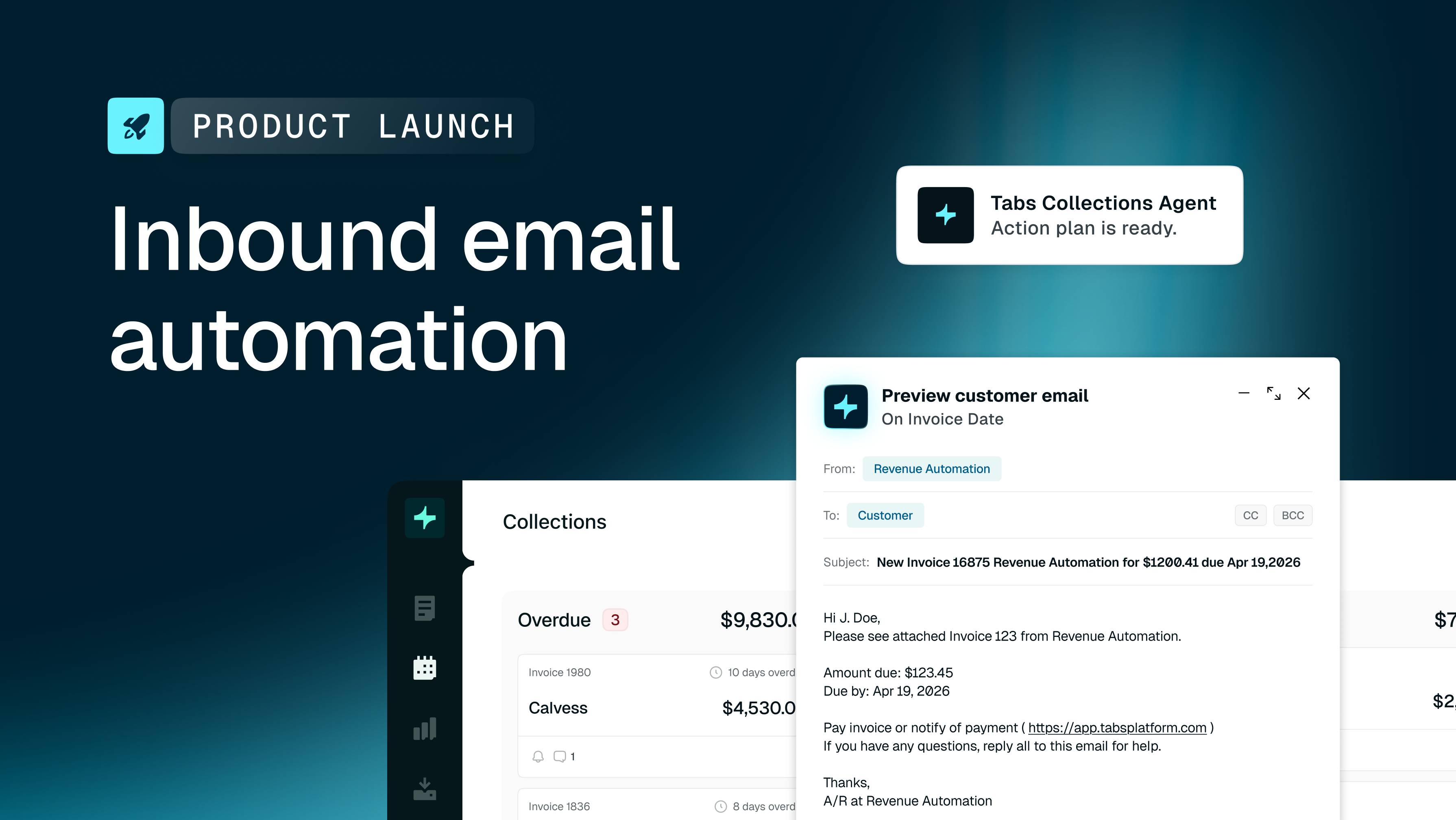 A "Product Launch" screen for "Inbound email automation", displaying a "Tabs Collections Agent" notification and a preview of an automated customer email for an overdue invoice, with a collections dashboard partially visible.