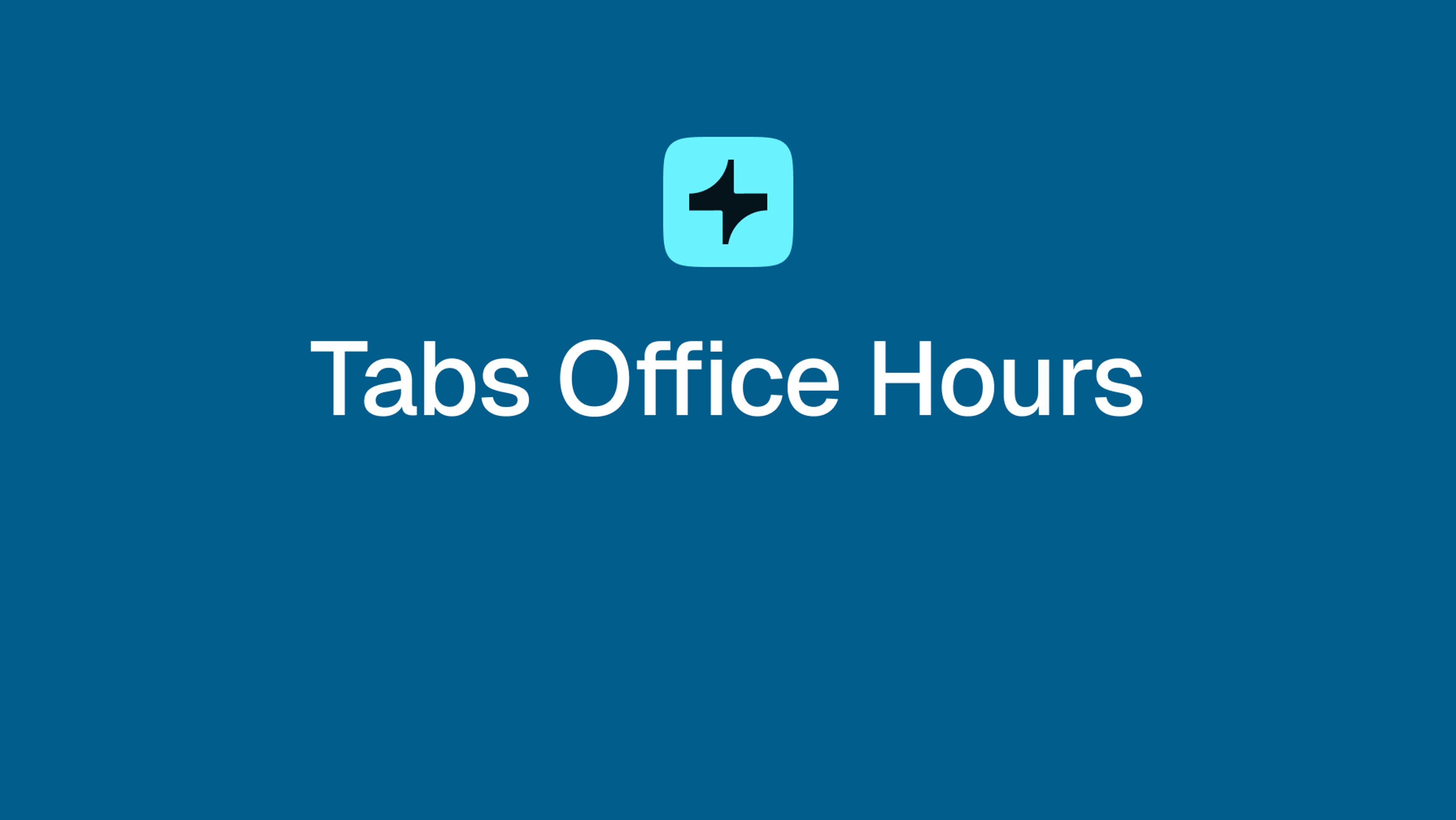 Logo for "Tabs Office Hours" with white text below a light blue square icon containing a black star-plus symbol on a dark blue background.
