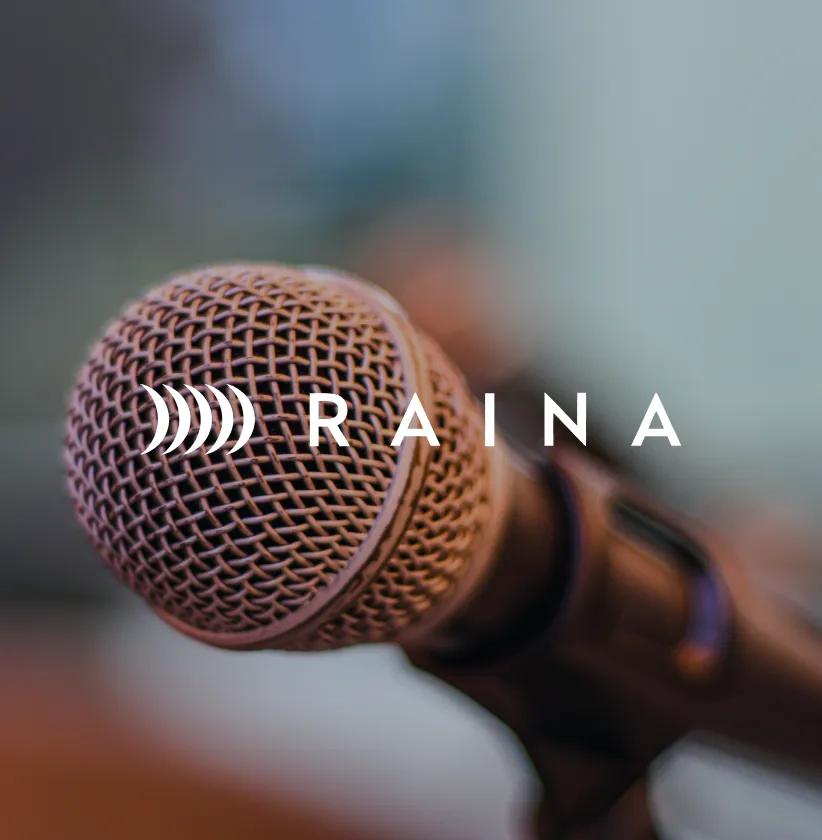 Close-up of a microphone with the word RAINA and a sound wave icon overlaid.