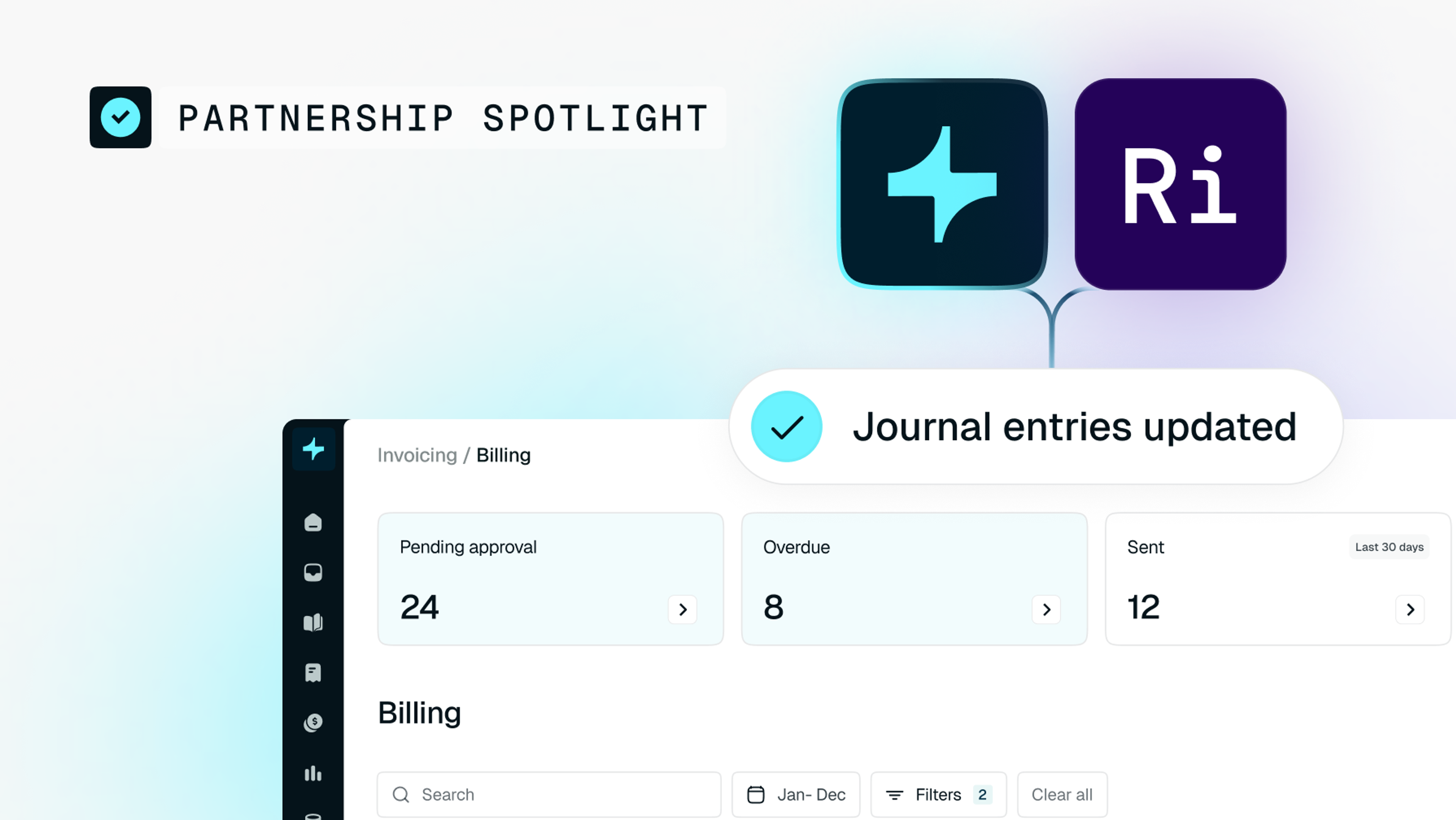 Partnership Spotlight with two app icons (a blue cross symbol and 'Ri') and a 'Journal entries updated' notification, shown over an invoicing dashboard.