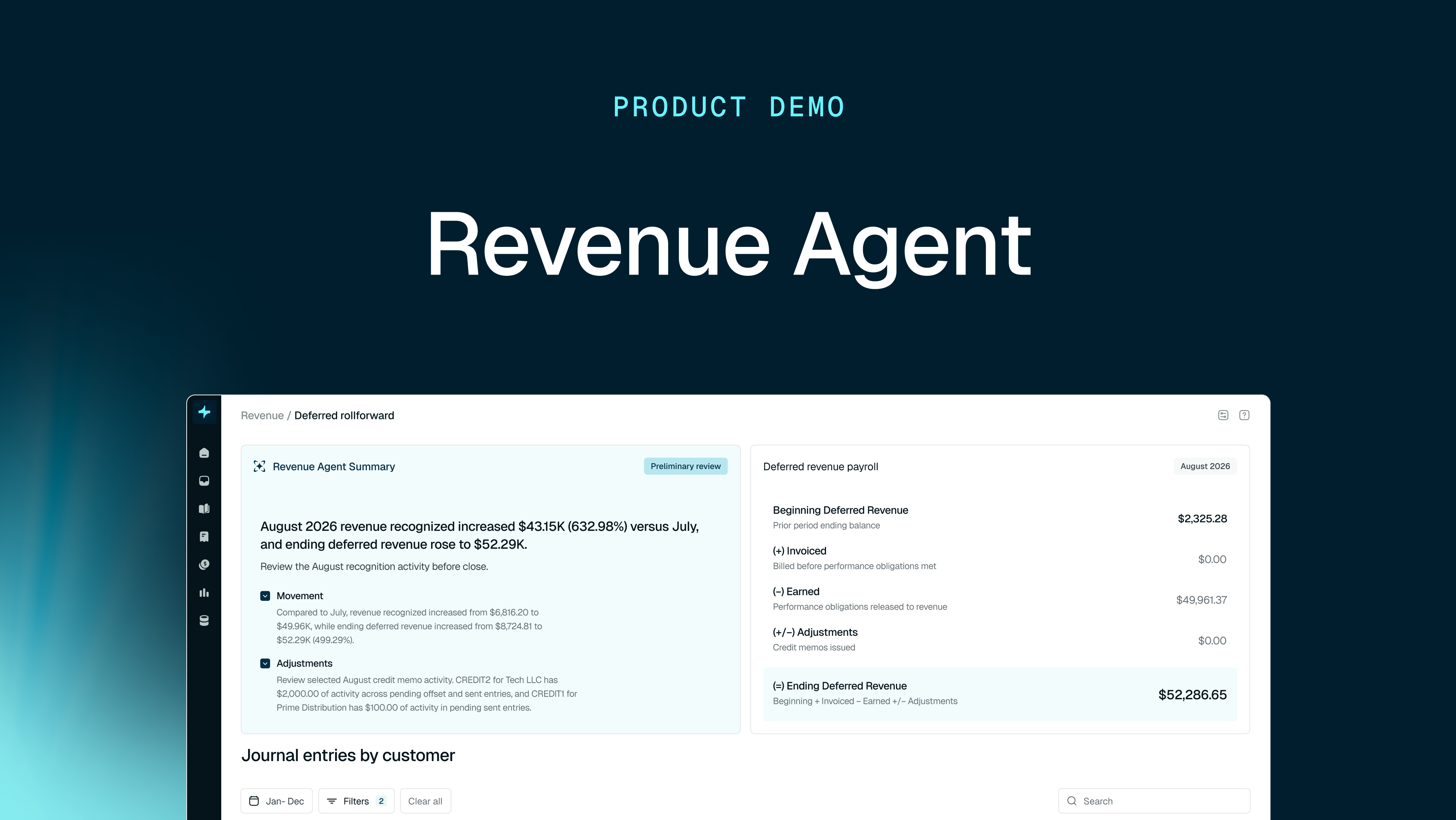Product demo slide for 'Revenue Agent' displaying a financial software interface.