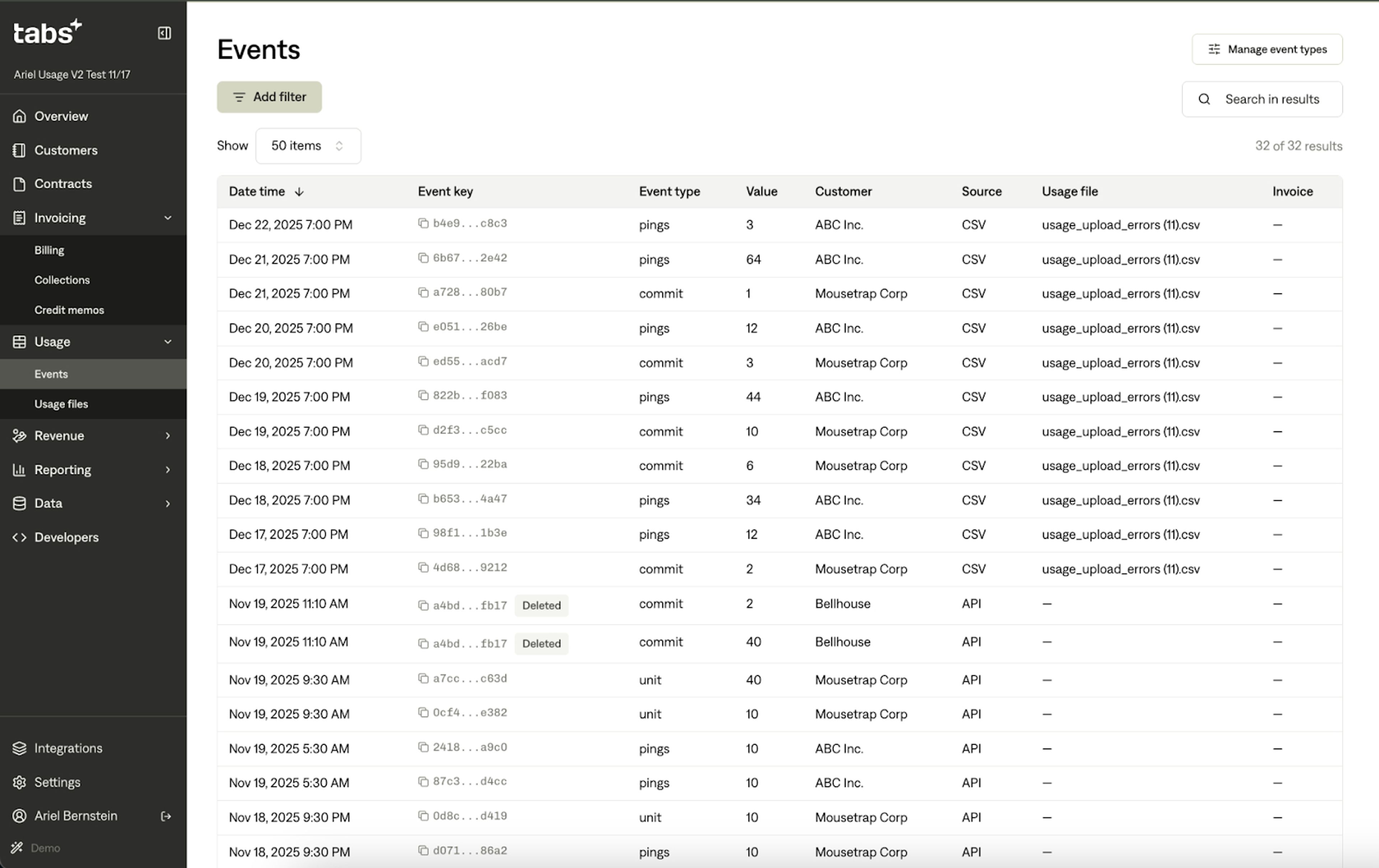 Tabs+ application's "Events" page, showing a table of usage events with columns for date, event key, type, value, customer, and source. "Usage > Events" is selected in the sidebar.