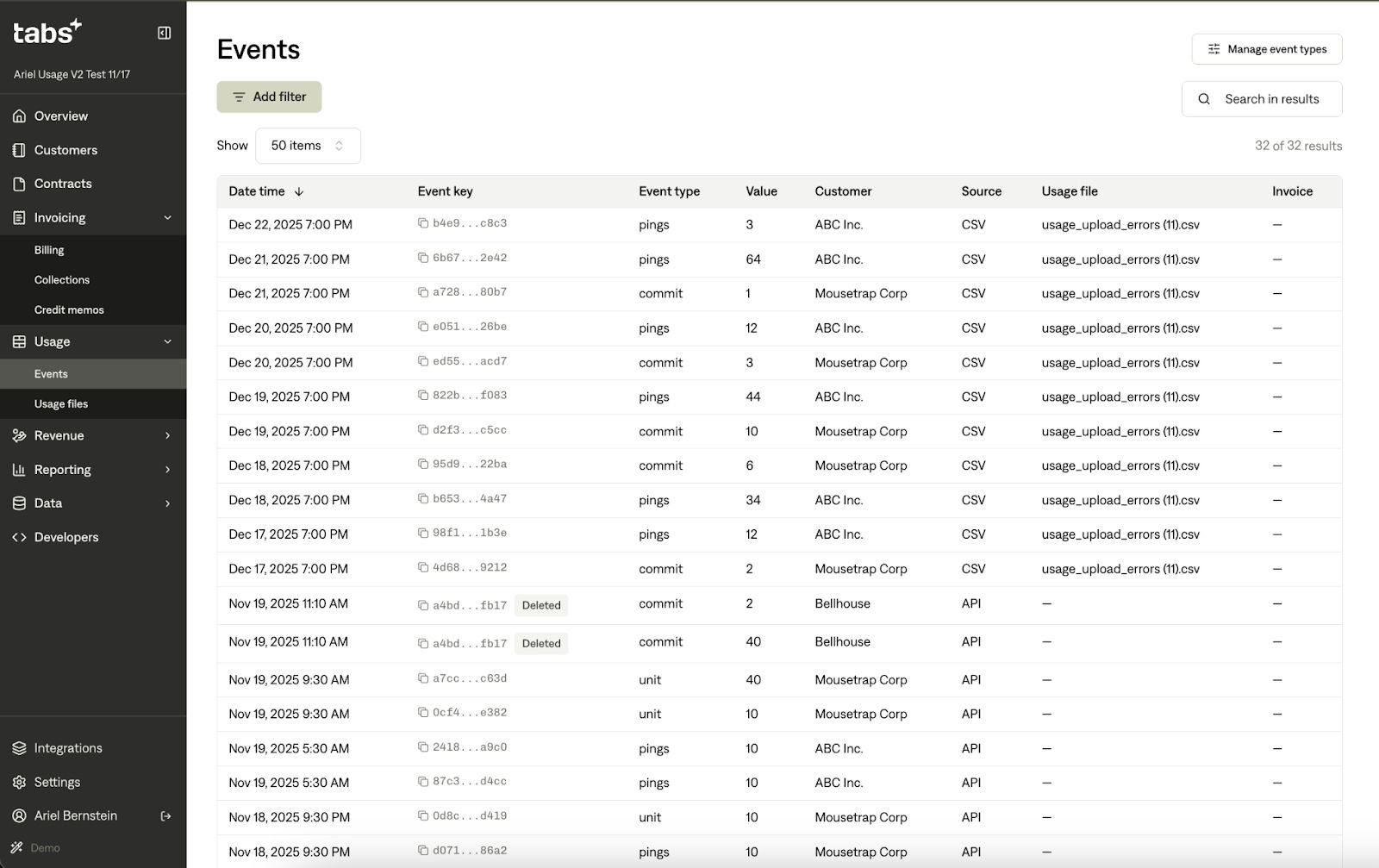 Tabs+ application's "Events" page, showing a table of usage events with columns for date, event key, type, value, customer, and source. "Usage > Events" is selected in the sidebar.