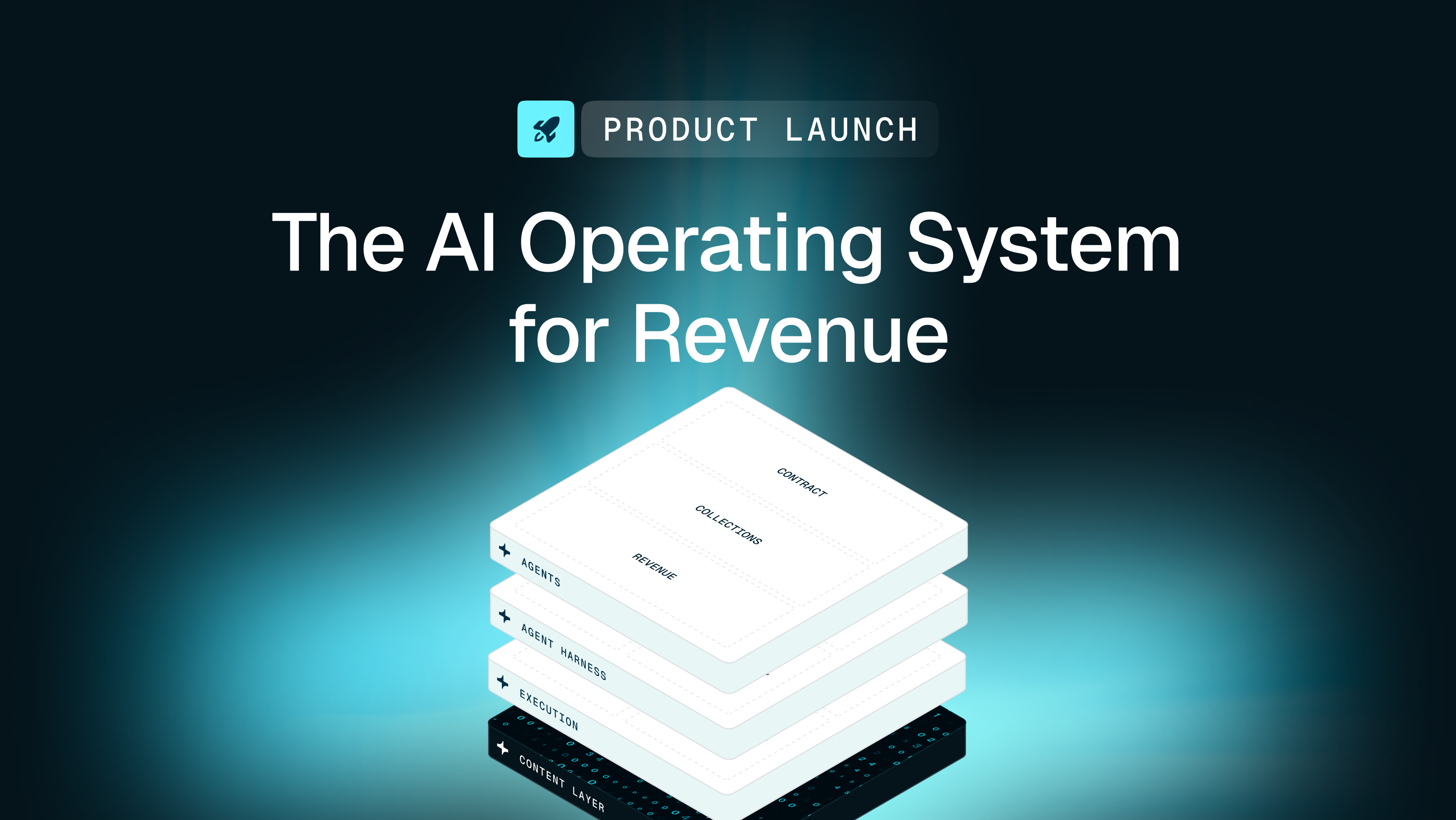 PRODUCT LAUNCH: The AI Operating System for Revenue, shown with a layered diagram of system components like Contract, Collections, Revenue, Agents, Execution, and Content Layer.