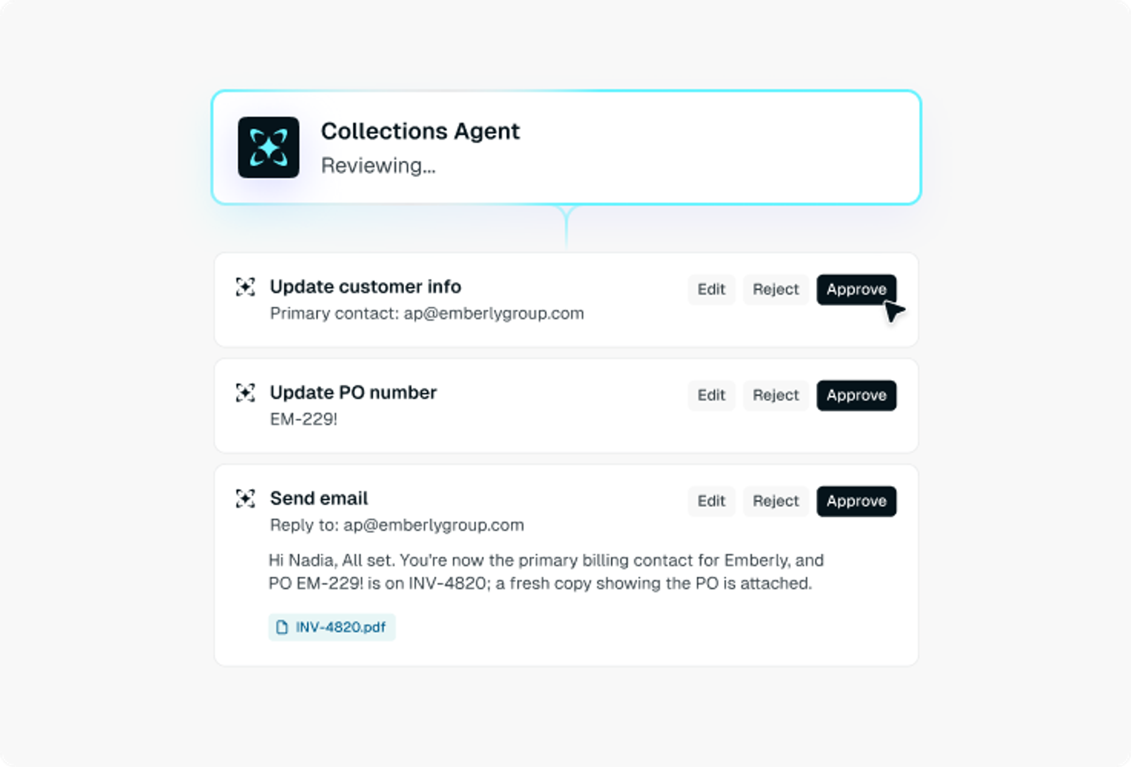 A software interface for a 'Collections Agent' reviewing tasks, with a cursor pointing to an 'Approve' button.