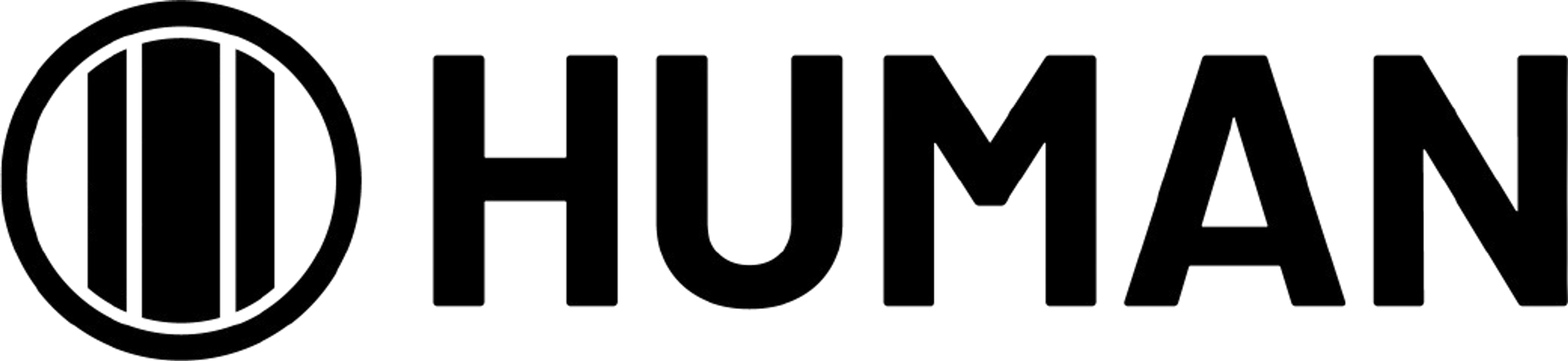 HUMAN logo, featuring a circular emblem with three vertical bars.