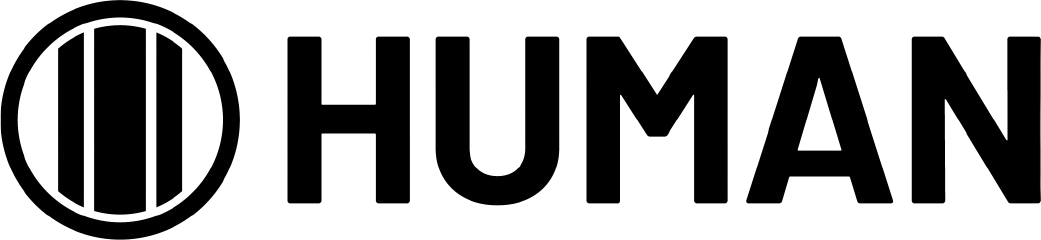 HUMAN logo, featuring a circular emblem with three vertical bars.