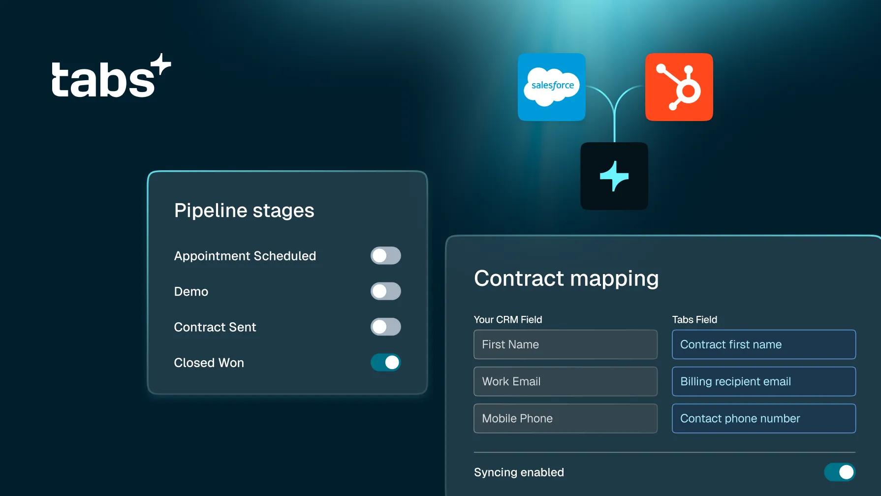 Software interface showing Tabs+ integrating with Salesforce and HubSpot for pipeline management and CRM data mapping.