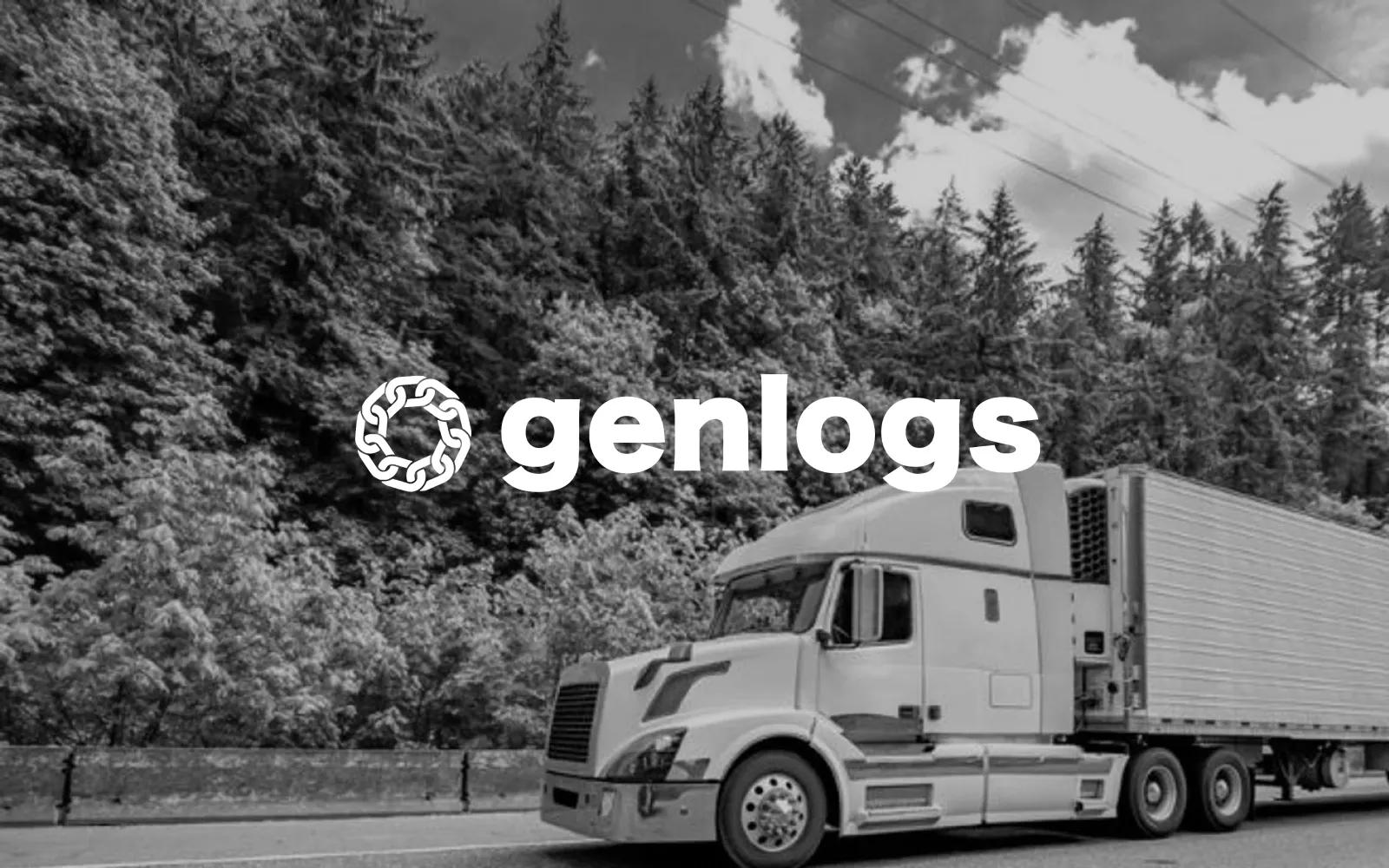 Black and white image of a semi-truck drivinging on a road past a forest, with the Genlogs logo overlaid.