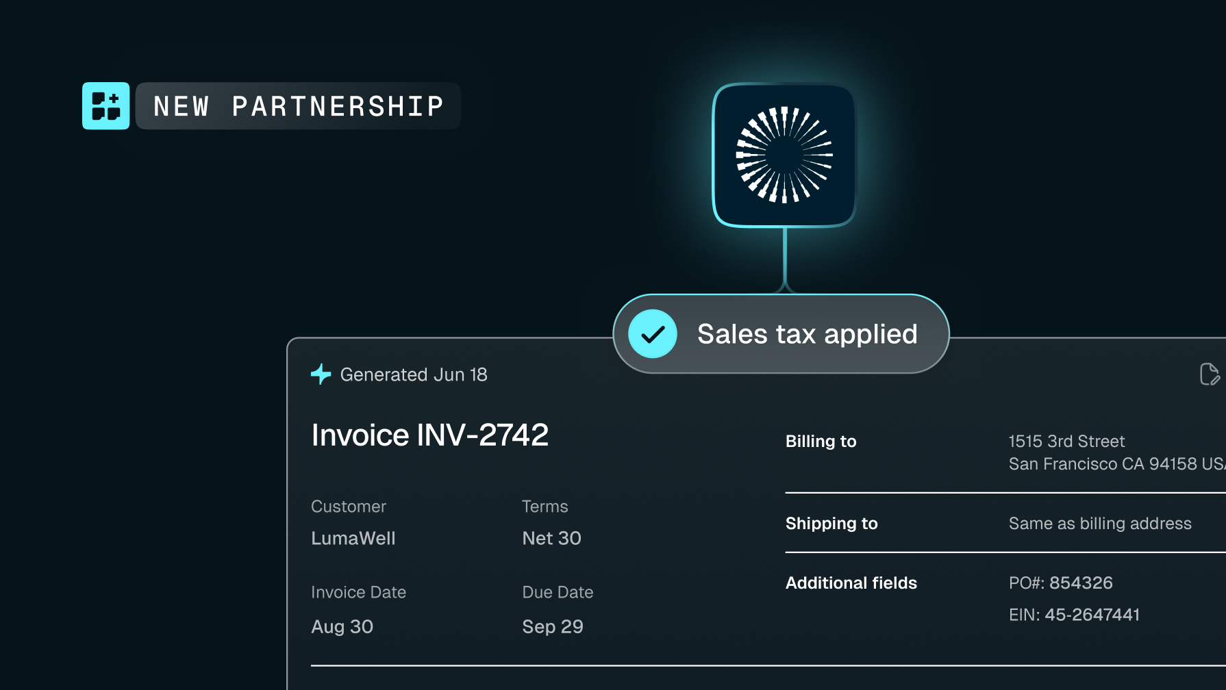 Digital interface showing 'NEW PARTNERSHIP', a loading indicator, and a 'Sales tax applied' notification above an invoice.