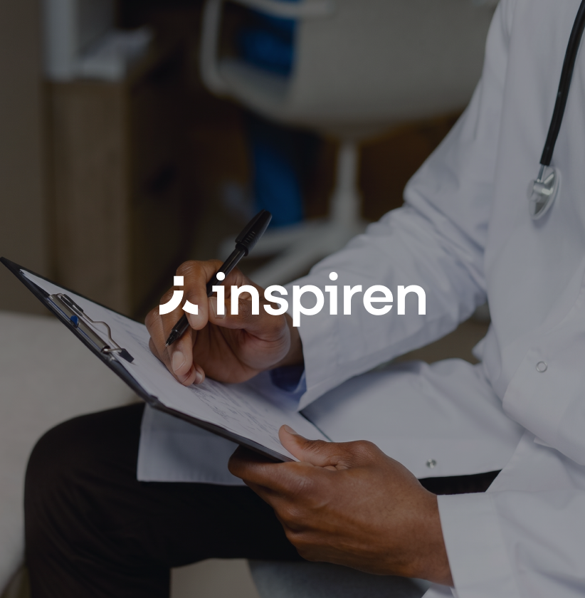 Inspiren logo over a doctor writing notes on a clipboard.