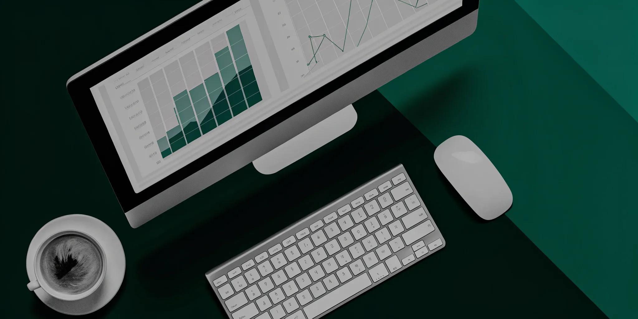SaaS management dashboard on a computer screen with keyboard and mouse on a green desk.