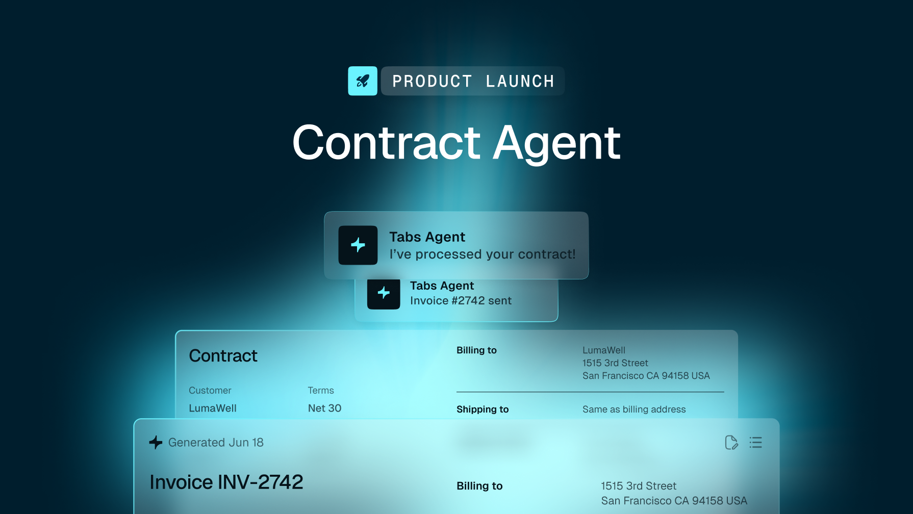 Product launch for "Contract Agent" showing AI messages about processed contracts and invoices, alongside contract details in a glowing digital interface.