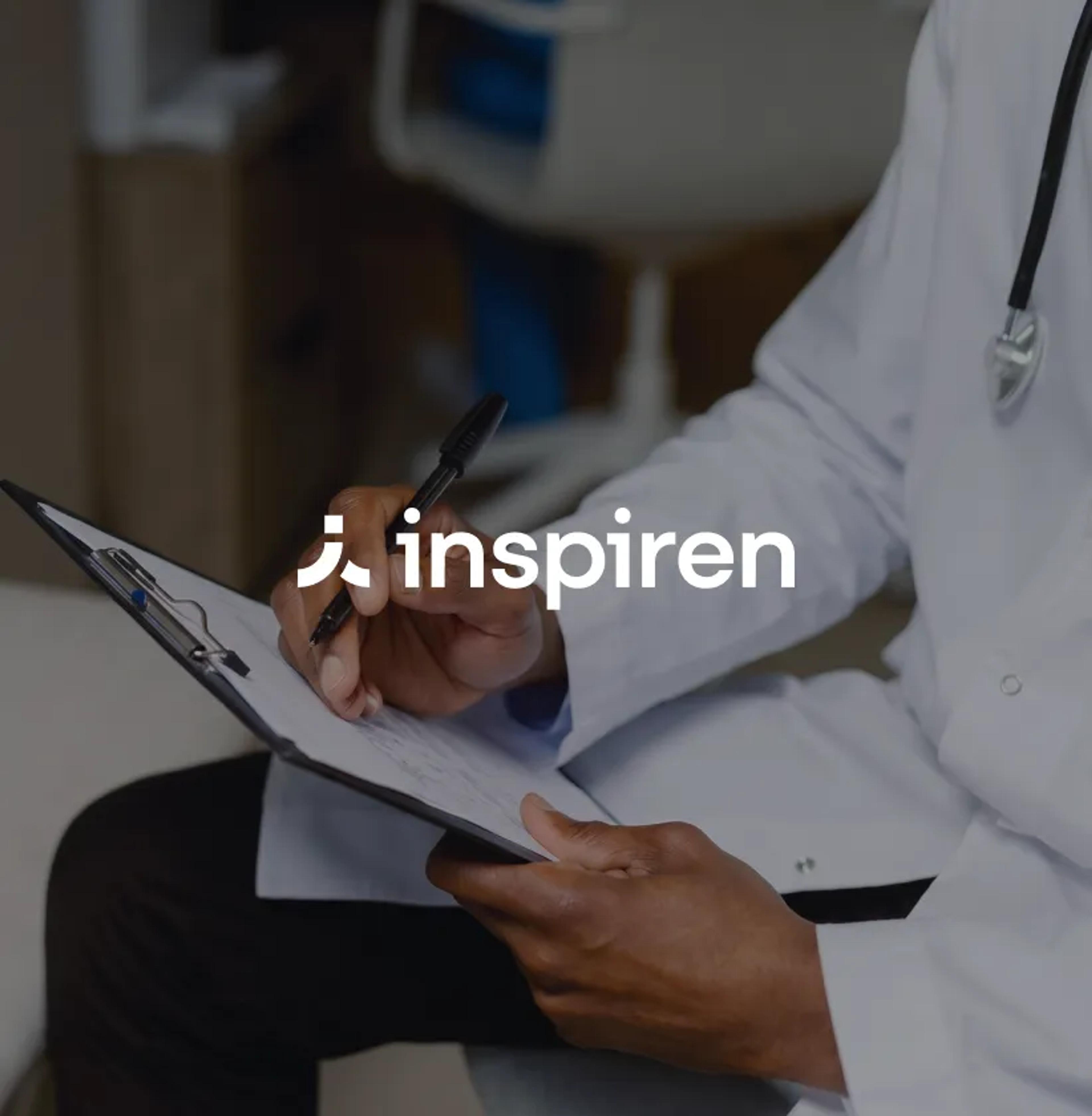 Inspiren logo over a doctor writing notes on a clipboard.