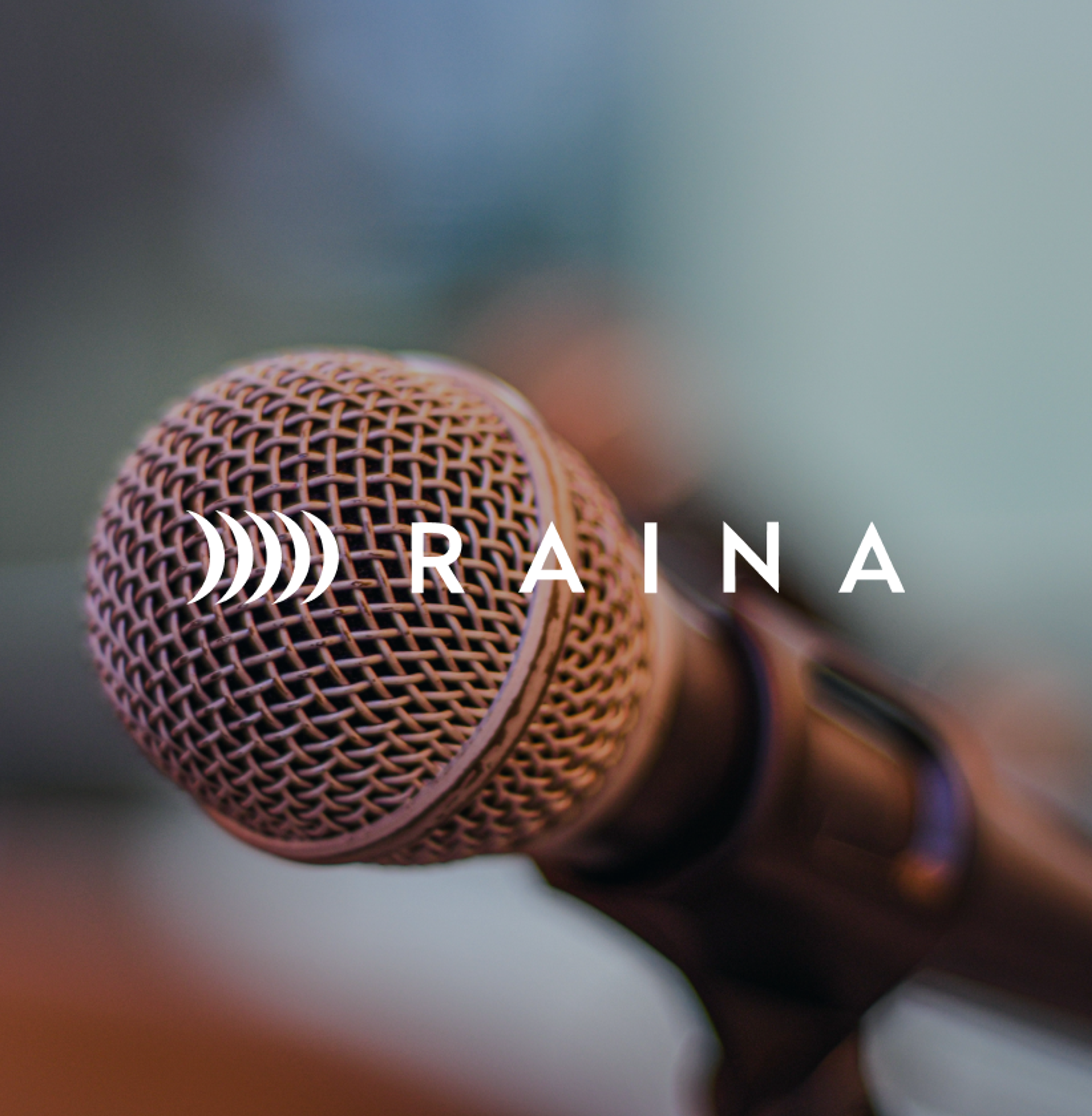 Close-up of a microphone with the word RAINA and a sound wave icon overlaid.