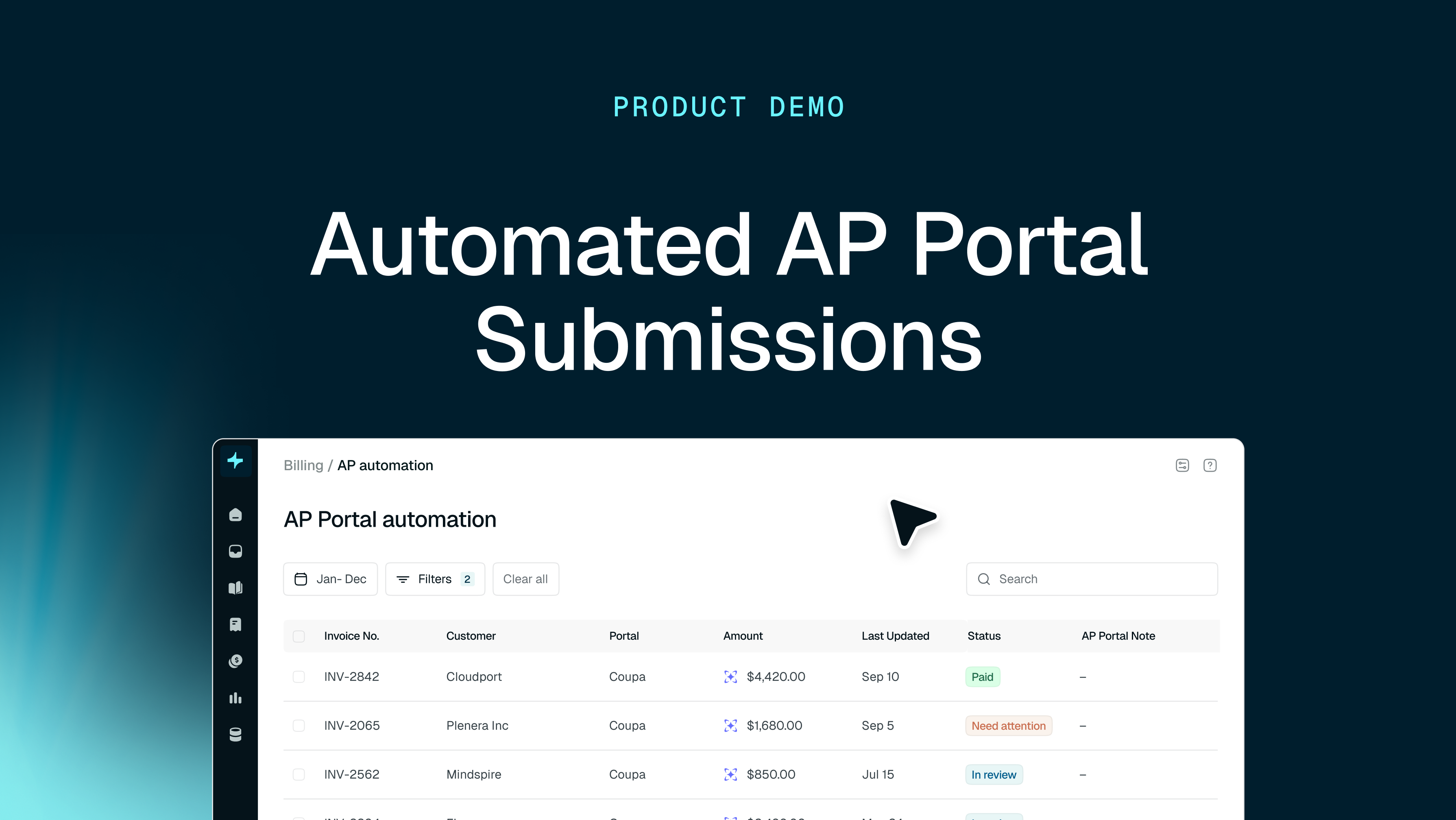 Product demo screenshot for Automated AP Portal Submissions, showing an AP automation software interface with invoice details and statuses.
