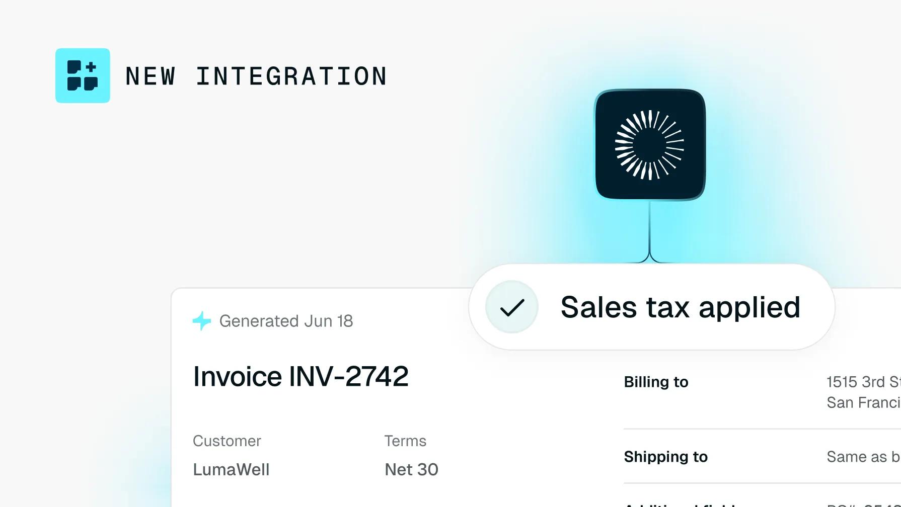 Digital invoice displaying "Sales tax applied" via a new integration.