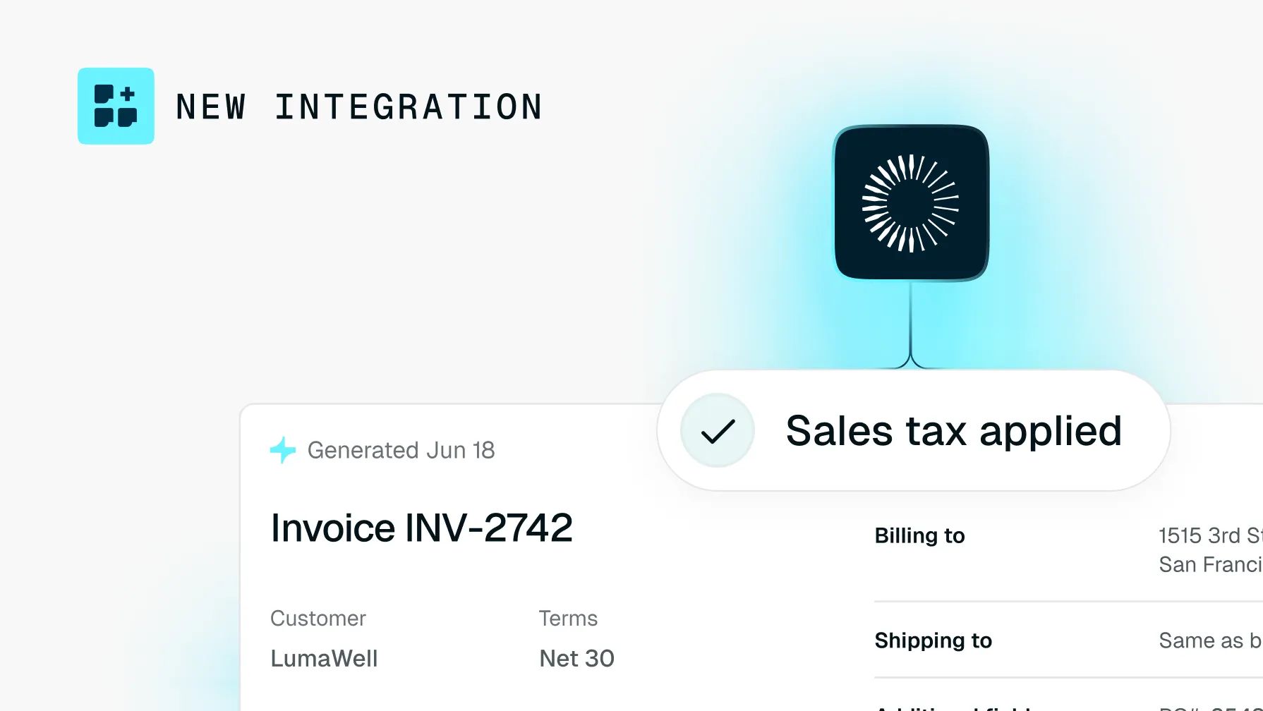 Digital invoice displaying "Sales tax applied" via a new integration.