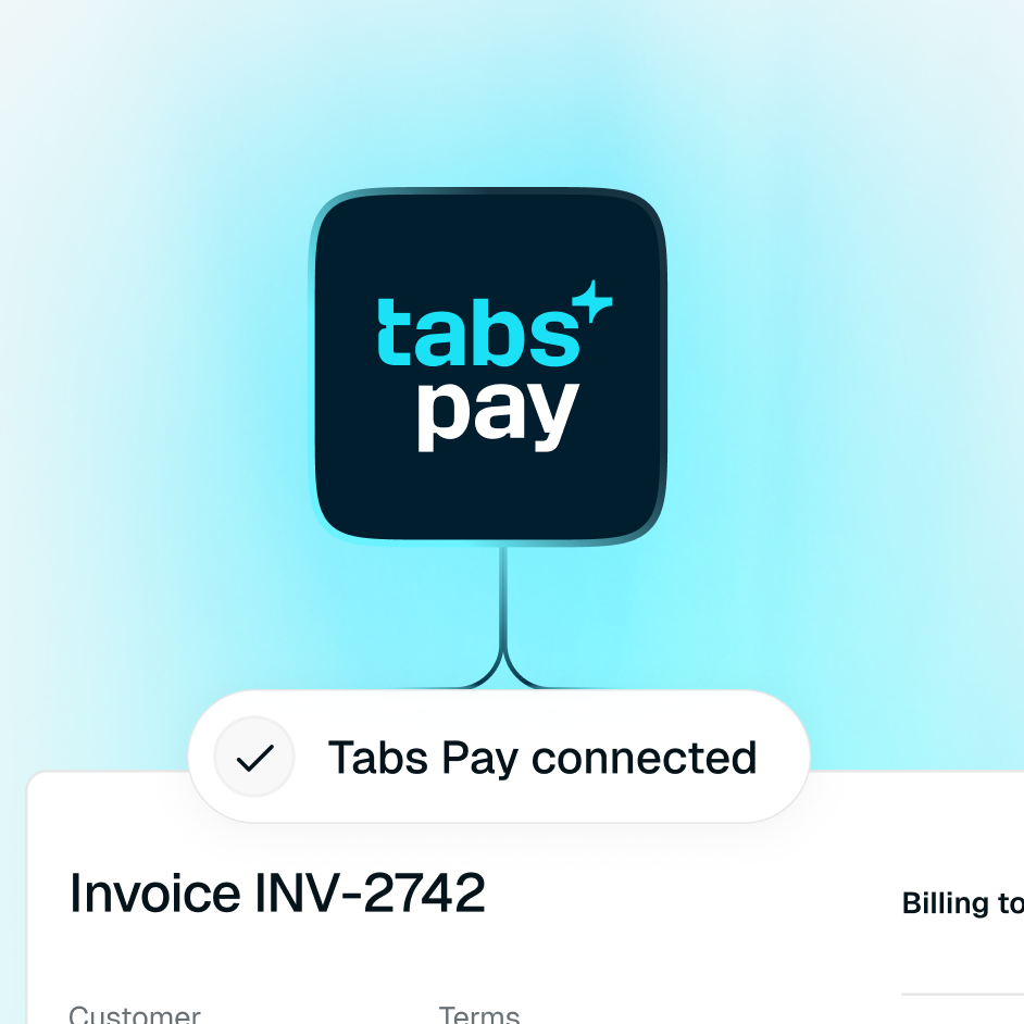 A Tabs Pay logo connected to a "Tabs Pay connected" status bar above an invoice.