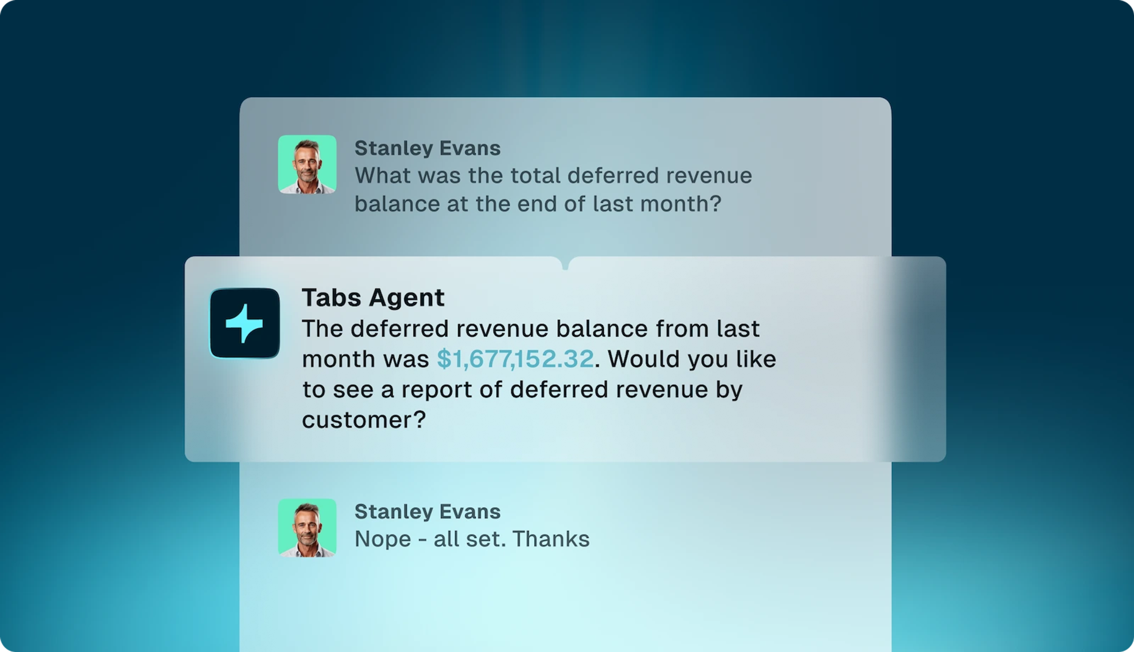 A notification banner from Tabs Agent, indicating the deferred revenue balance from last month. 