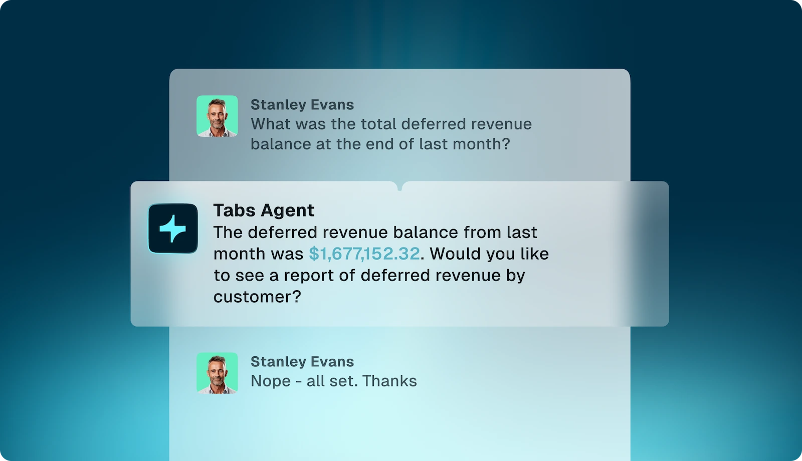 A notification banner from Tabs Agent, indicating the deferred revenue balance from last month.