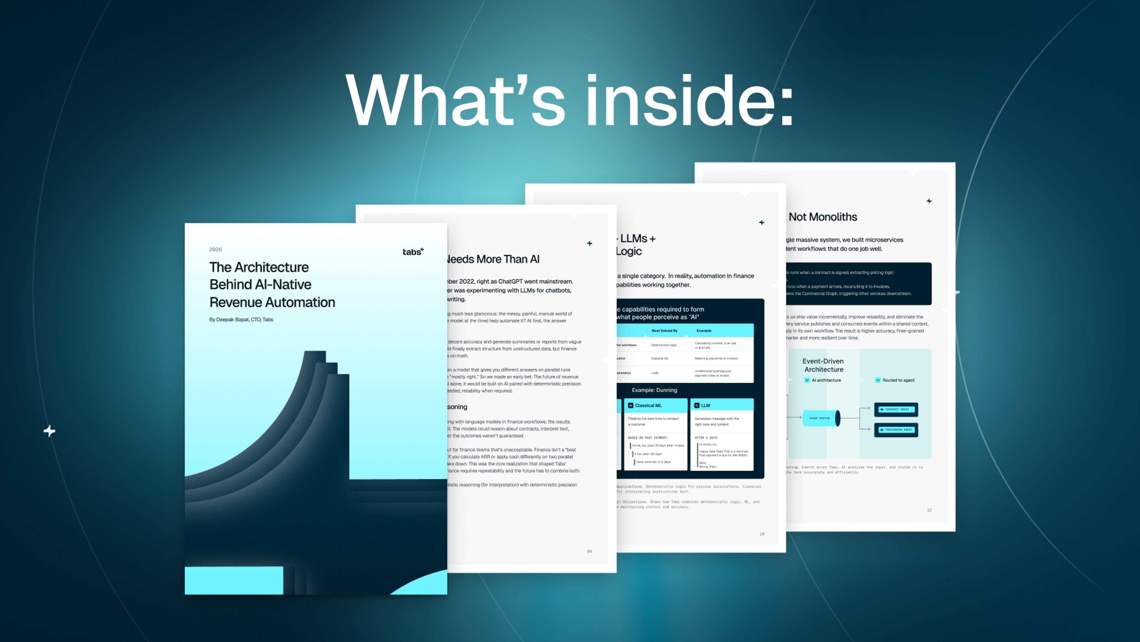 Text "What's inside:" above overlapping white document pages, with the top page titled "The Architecture Behind AI-Native Revenue Automation."