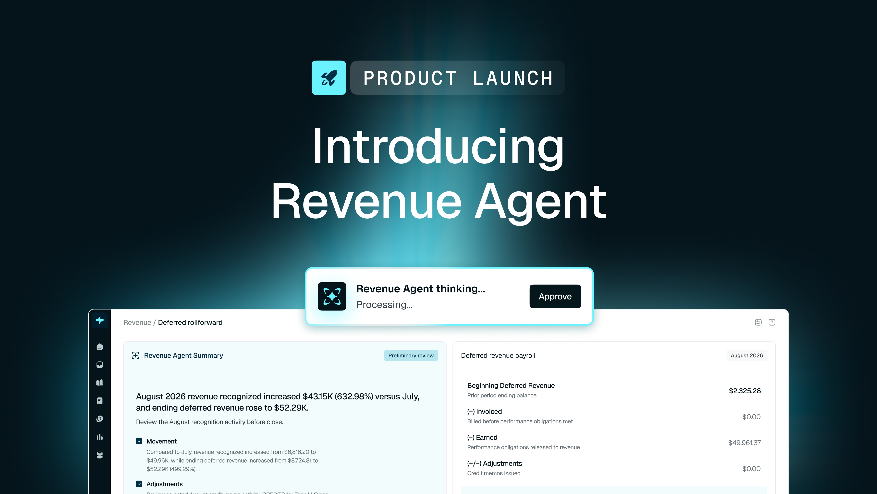 Screen announcing "Introducing Revenue Agent" with a software interface displaying revenue summary and an "Approve" prompt.