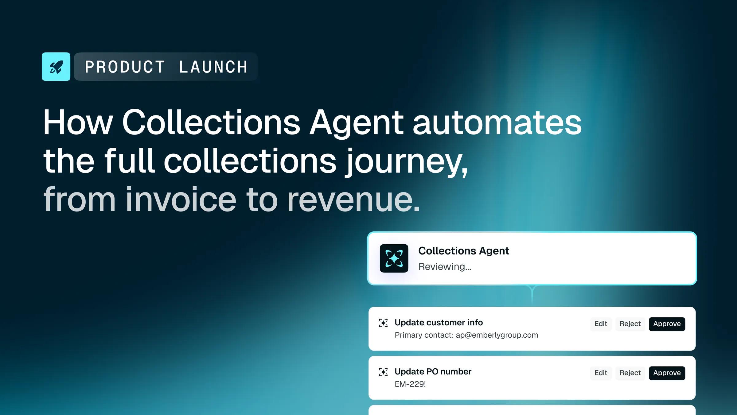 Product launch ad for "Collections Agent" with the title "How Collections Agent automates the full collections journey," showing workflow cards for reviewing and updating customer and PO information.
