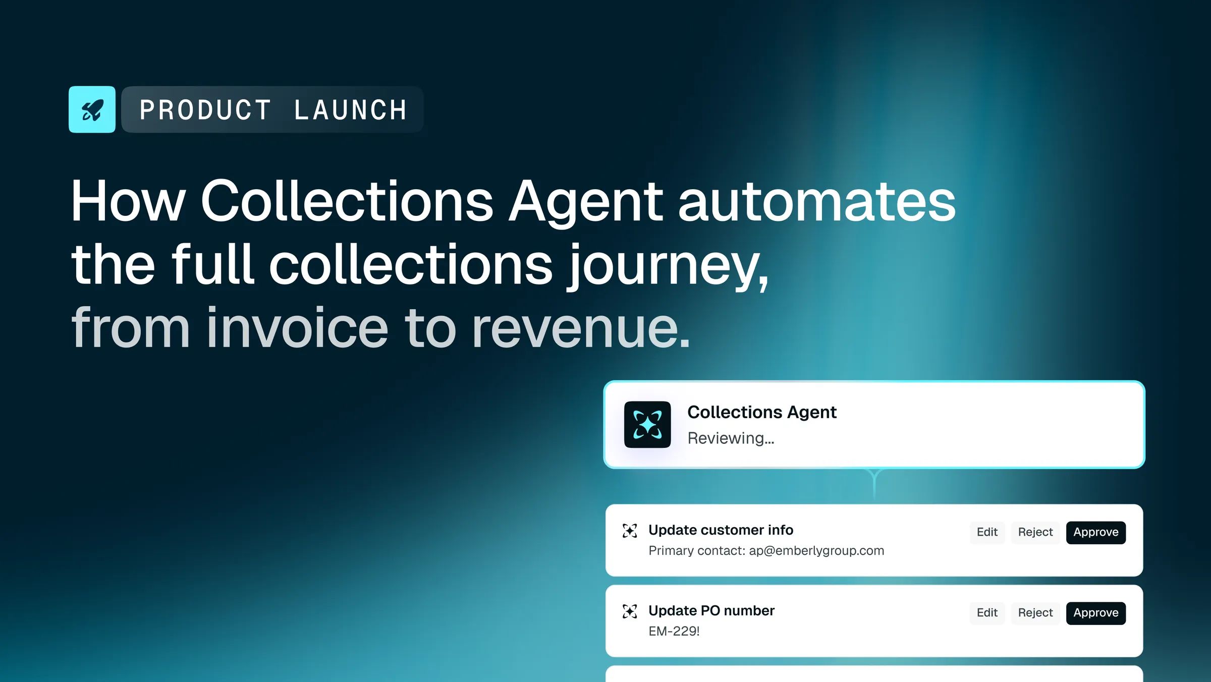 Product launch ad for "Collections Agent" with the title "How Collections Agent automates the full collections journey," showing workflow cards for reviewing and updating customer and PO information.