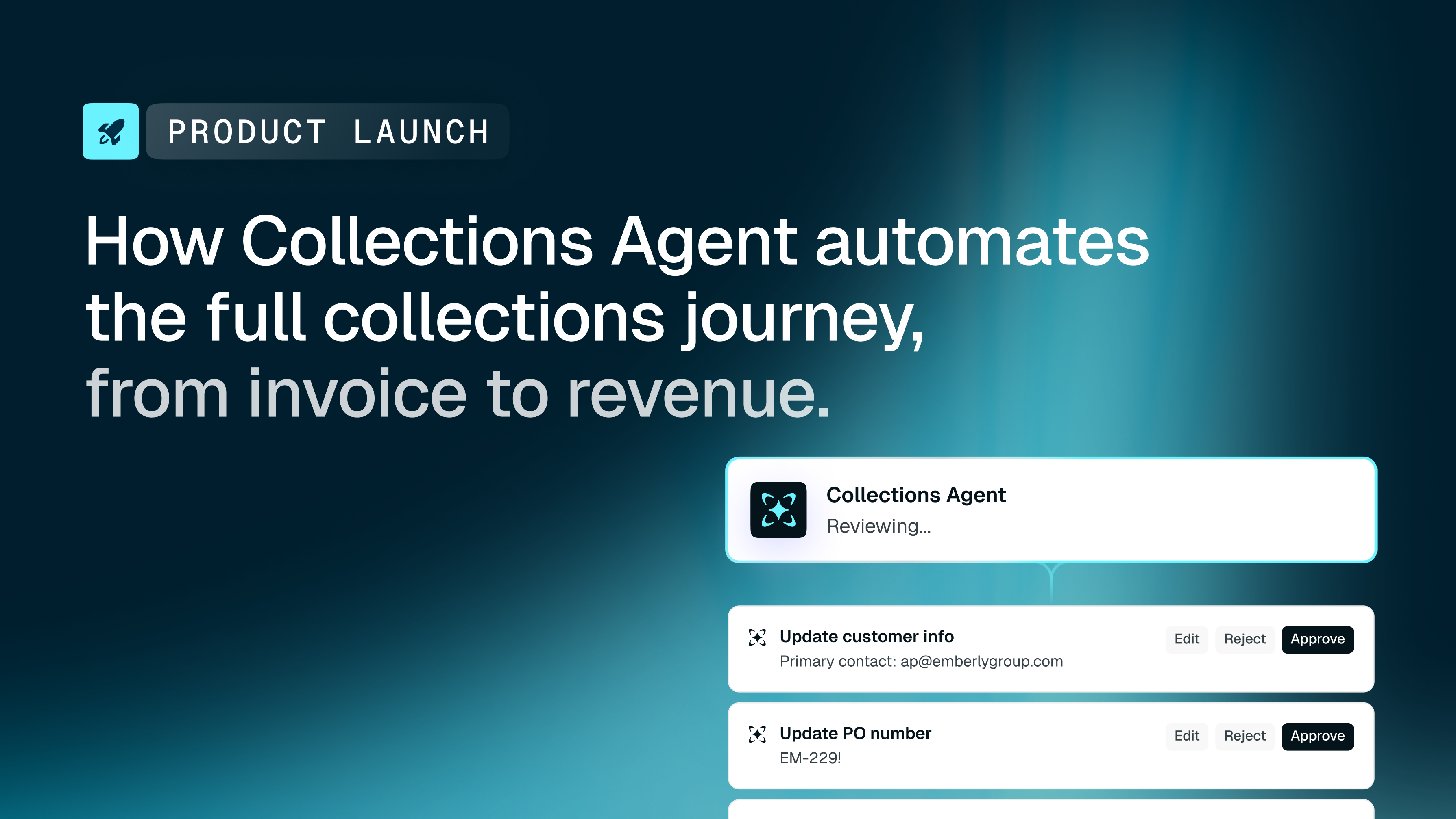 Product launch ad for "Collections Agent" with the title "How Collections Agent automates the full collections journey," showing workflow cards for reviewing and updating customer and PO information.