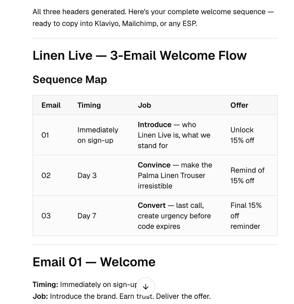 SecretSauce 3-email welcome sequence map showing timing and job for each email