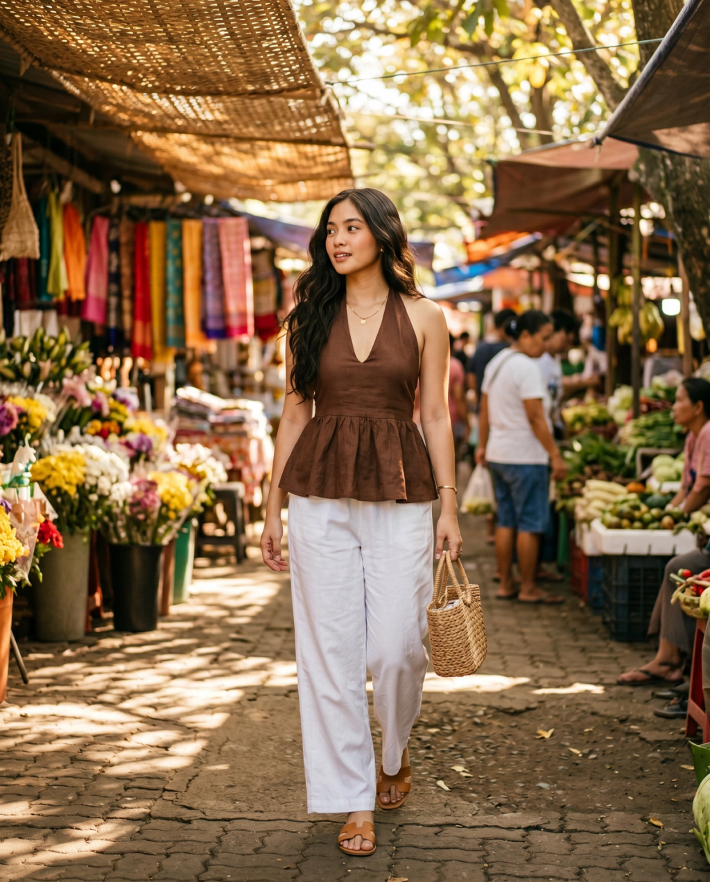 AI-generated lifestyle photo of a model at a market wearing a brown halter top and white trousers