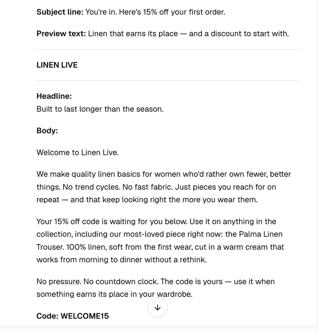 SecretSauce-generated email copy showing subject line, preview text, headline, and body copy for a fashion brand welcome email