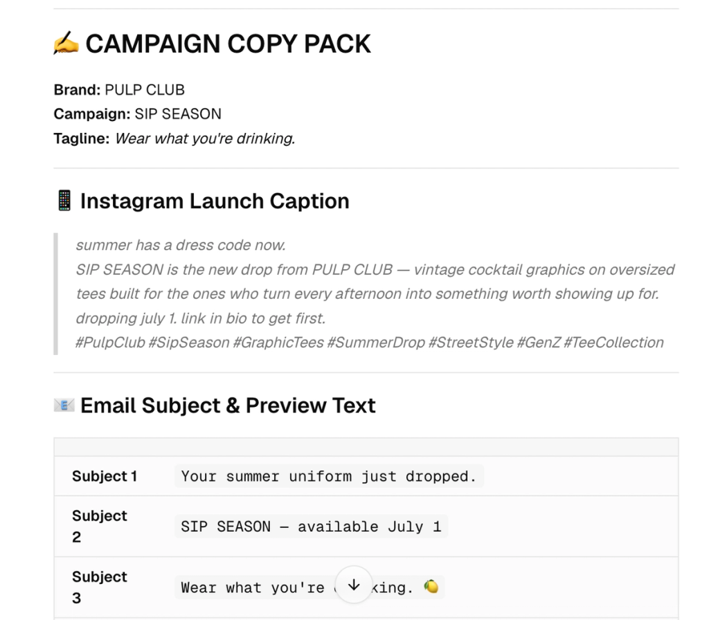 SecretSauce Campaign Copy Pack showing Instagram caption and email subject lines