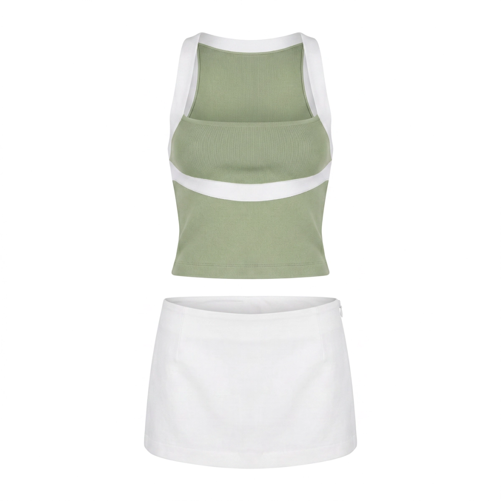 Clean white background product shot of a yellow fashion co-ord set