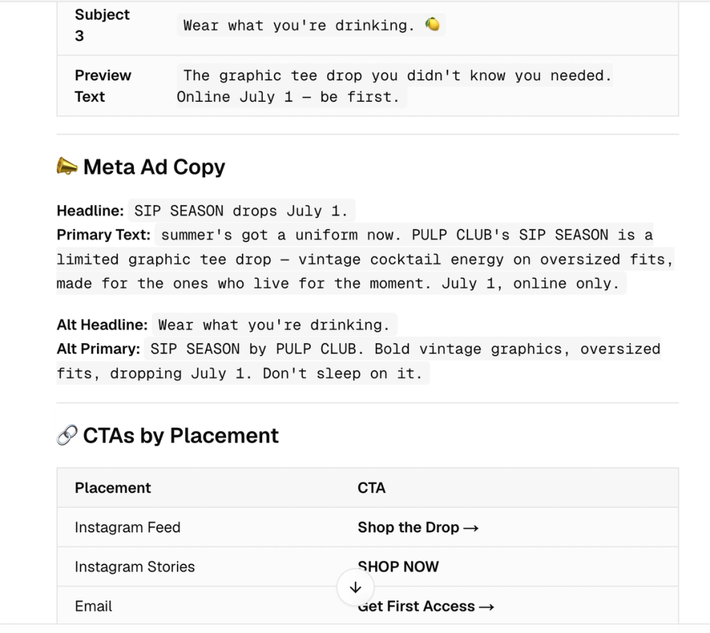 SecretSauce CTAs by placement table and brand codex prompt