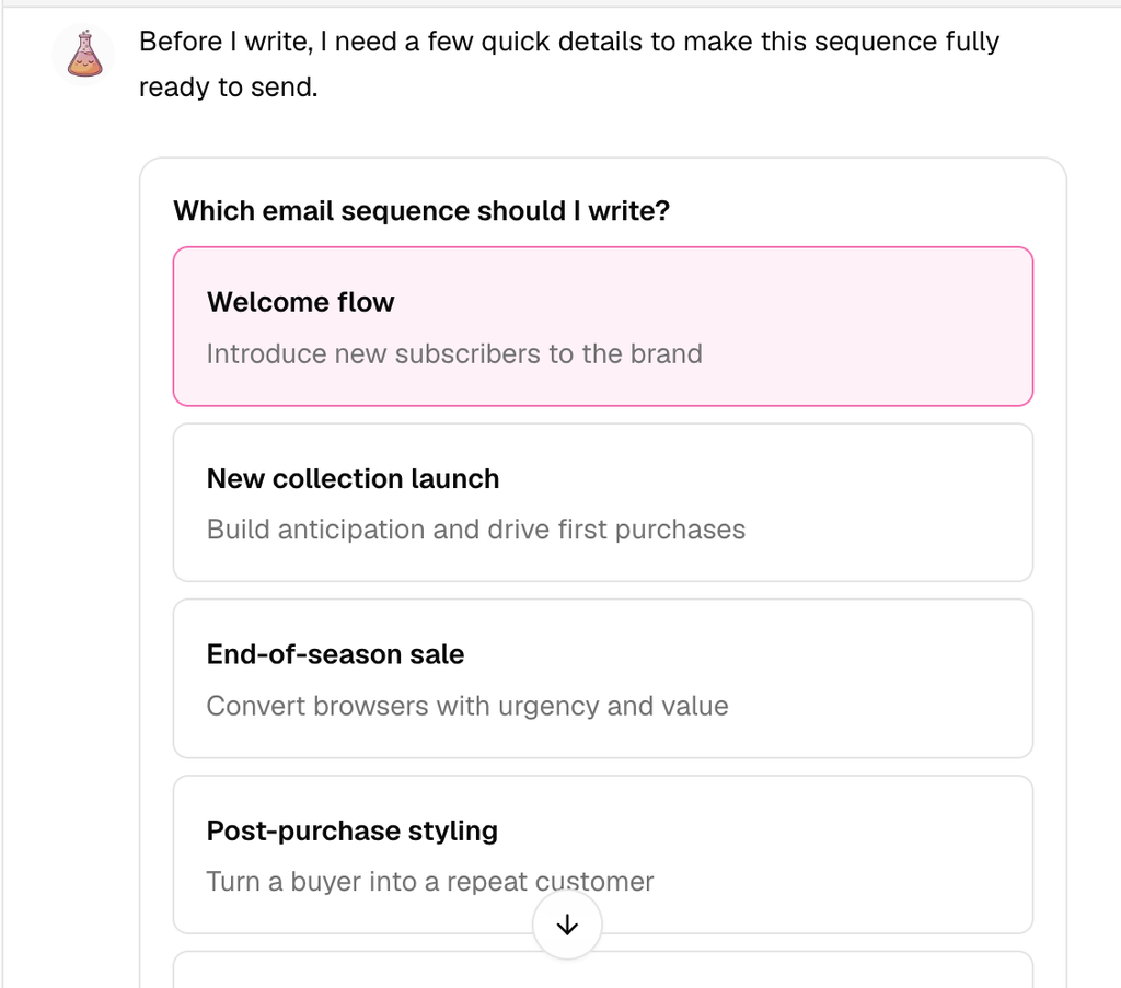 SecretSauce email type selector showing Welcome flow, New collection launch, End-of-season sale, and Post-purchase styling options