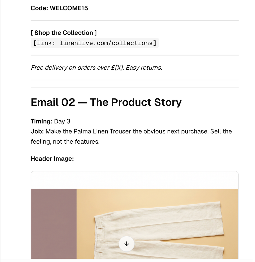 AI-generated email header image for a product story email featuring a flat lay of linen trousers