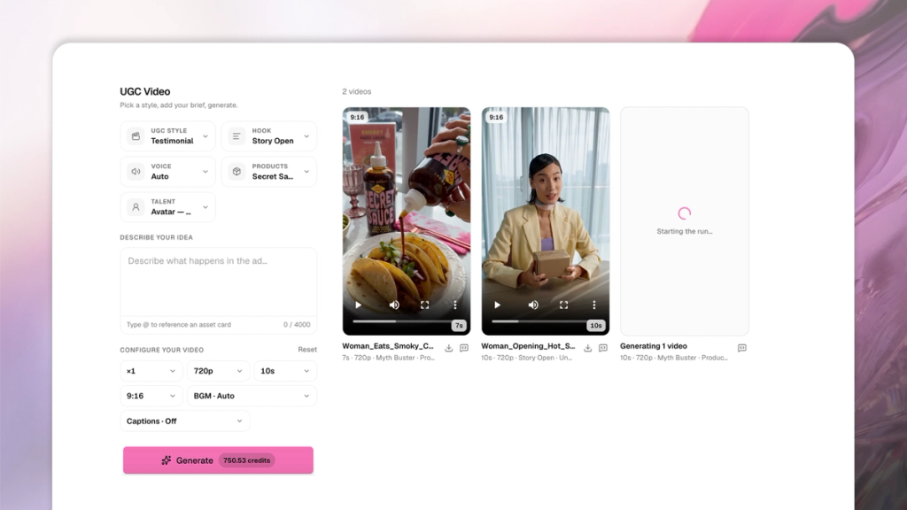 Video Studio interface showing UGC style and hook selection