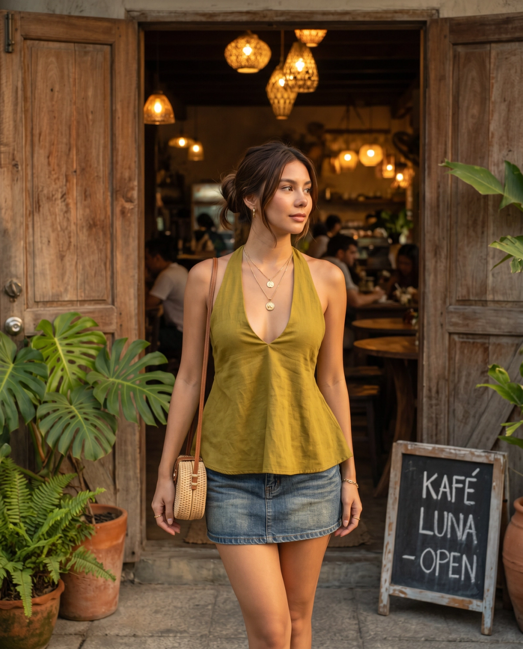 AI-generated lifestyle output showing a model wearing the brand's pieces in a natural setting