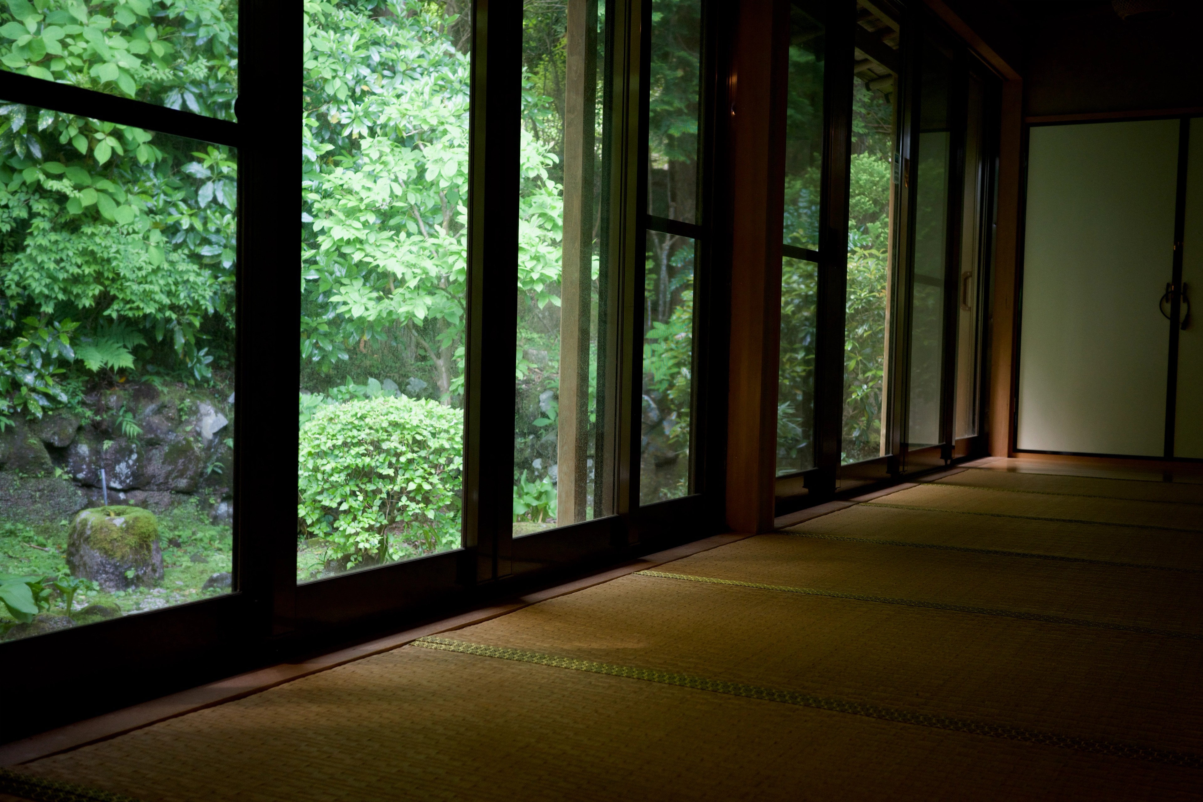 A tatami room opens onto a green garden.