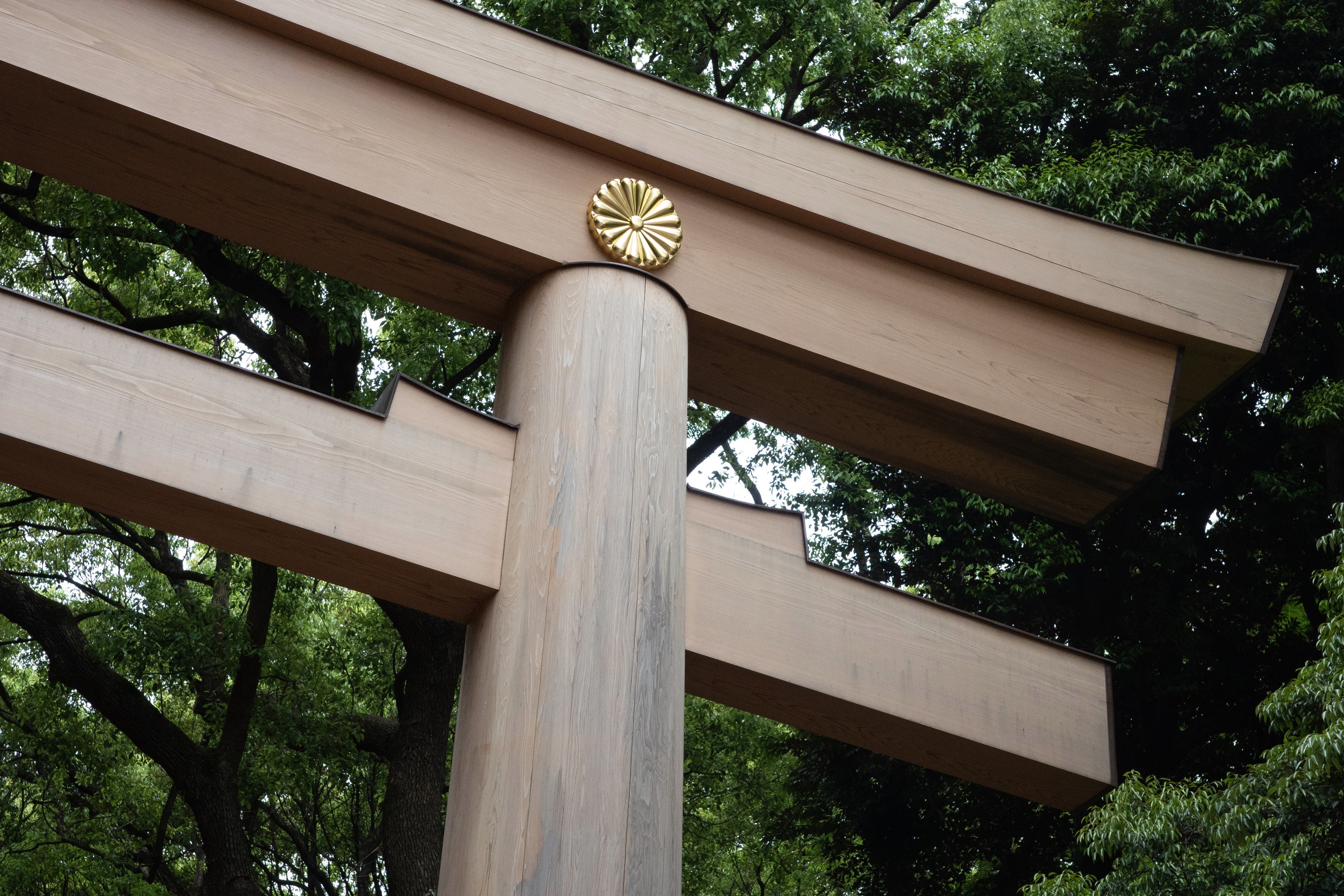 A close view of the crossbeam and crest on a wooden shrine gate.