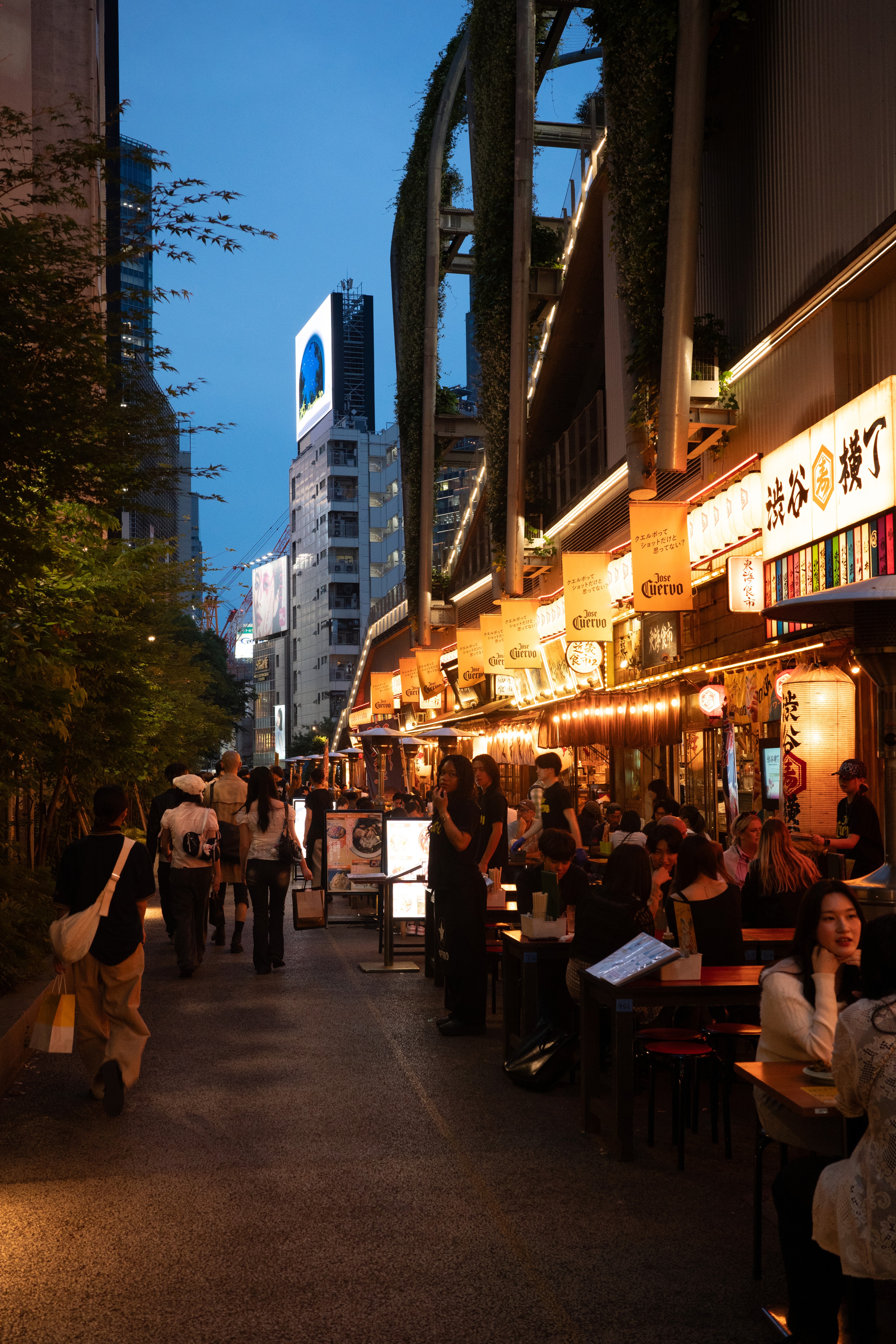 Lantern-lit restaurants and pedestrians fill a nighttime street.