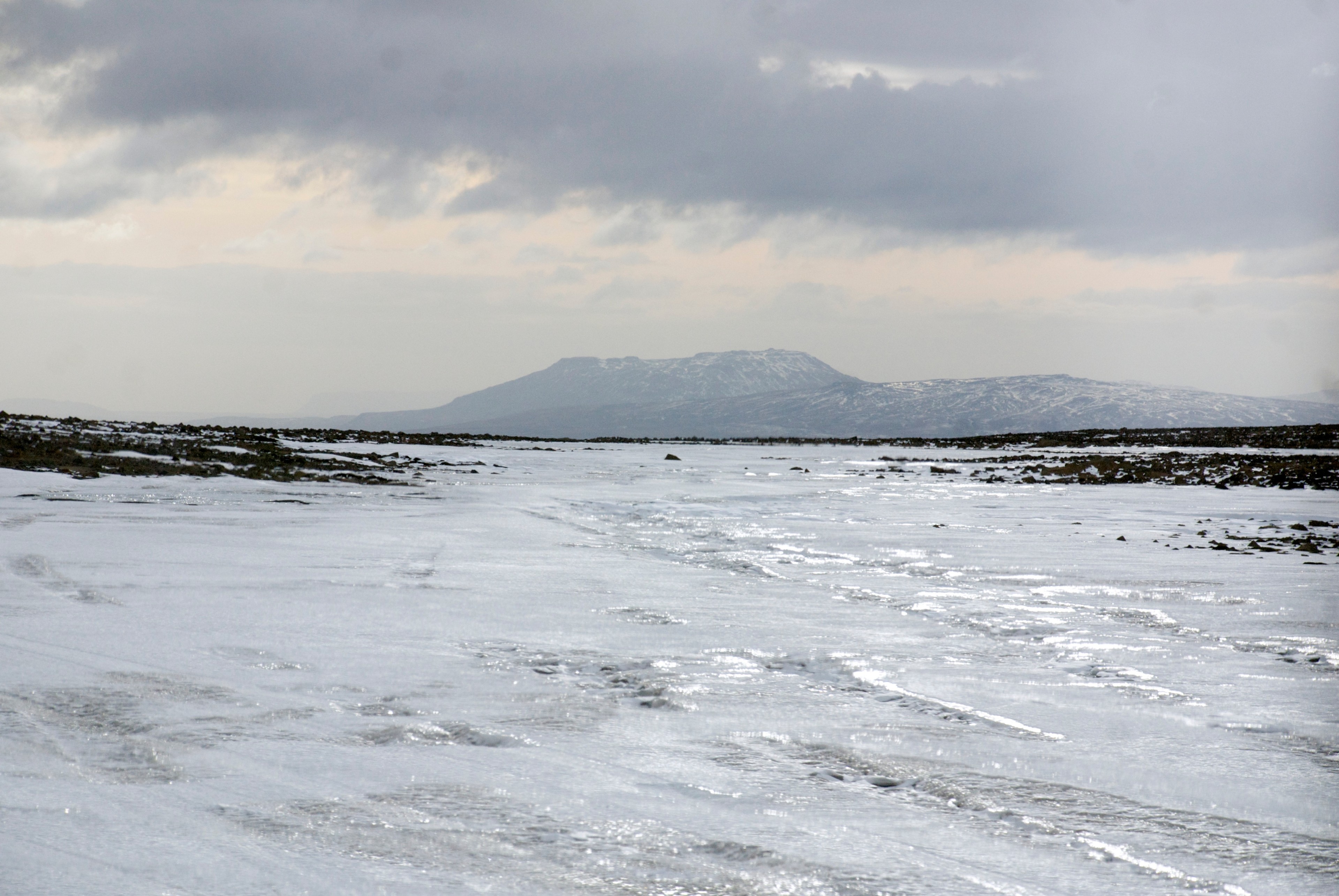 A broad icy landscape stretches toward distant mountains beneath a gray sky.