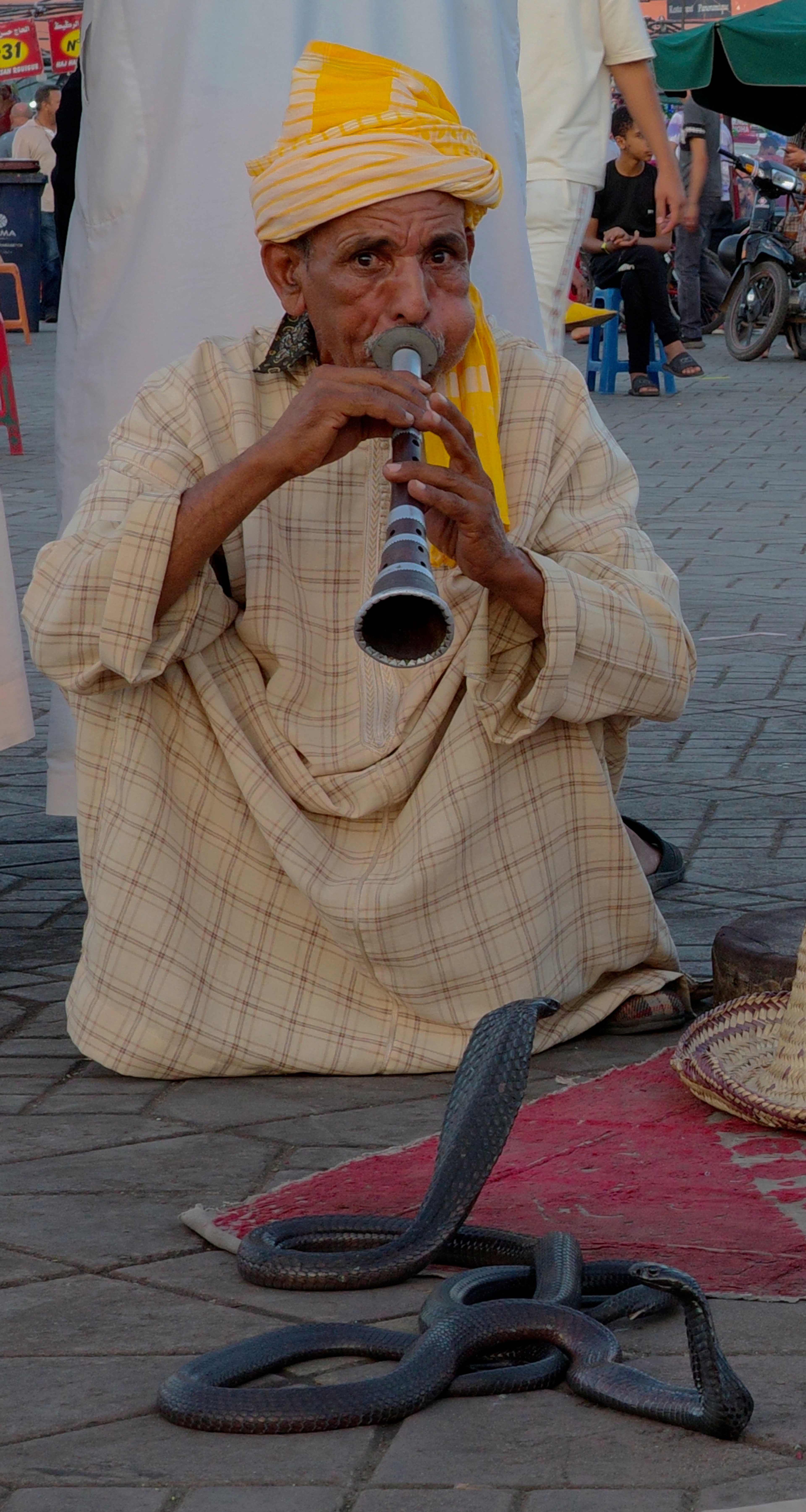 A street performer in a pale robe and yellow turban stands beside a snake on the ground.