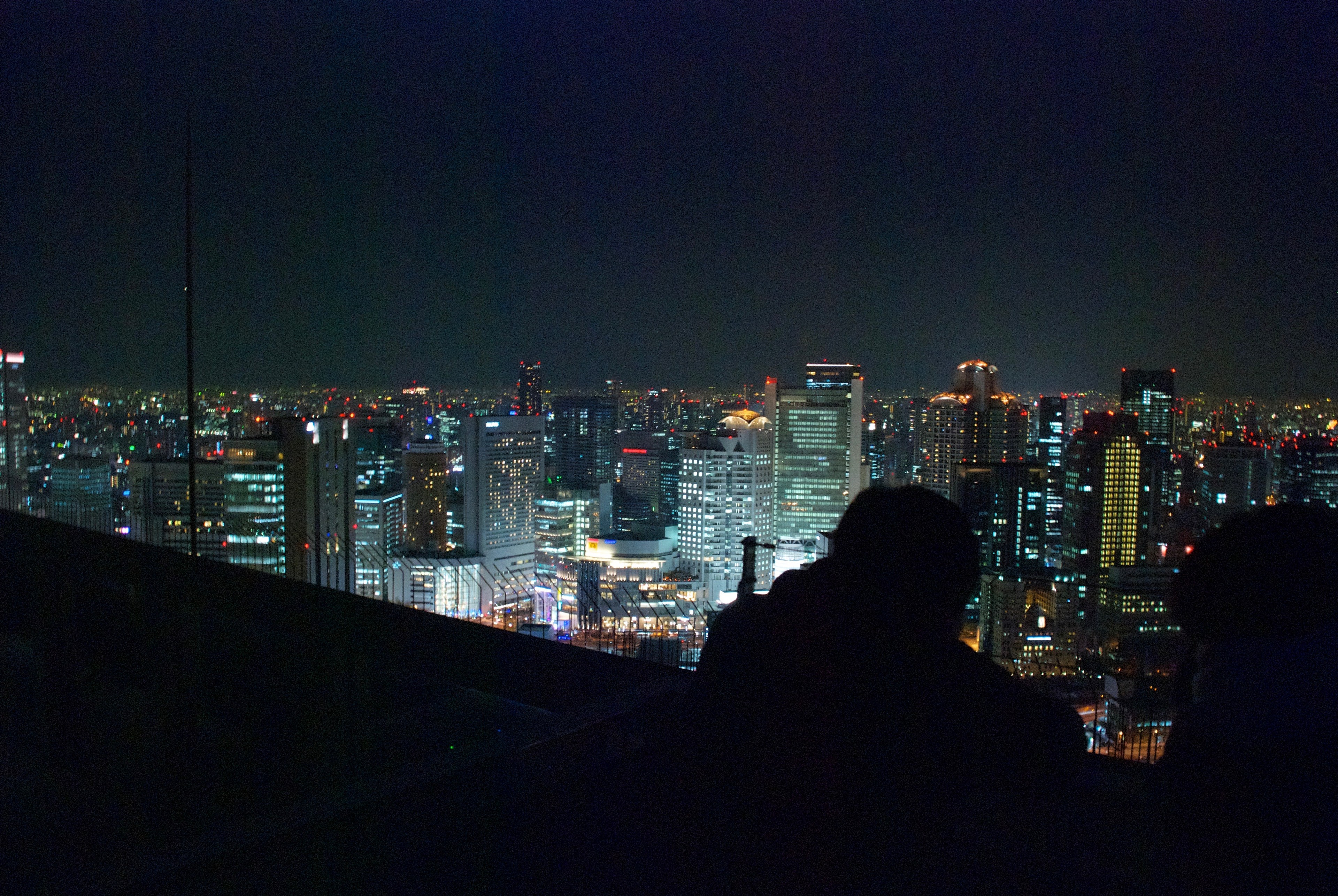 A person looks out over a city skyline at night from a high viewpoint.